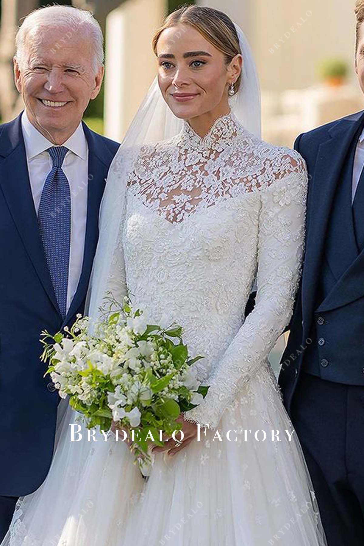 Naomi Biden Custom Lace White Long Sleeve Ball Gown Wedding Dress Naomi Biden Custom Lace White Long Sleeve Ball Gown Wedding Dress