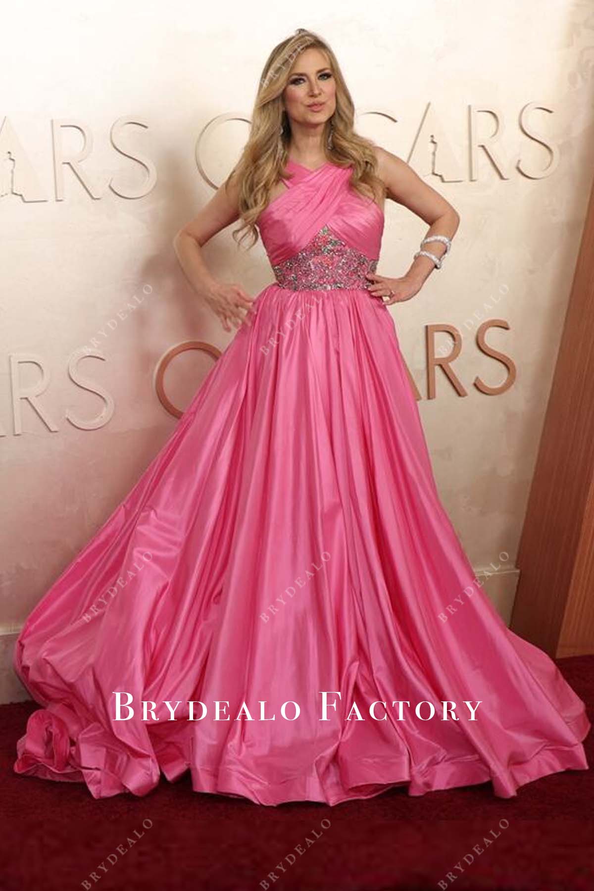 Nikki Novak pink court train 2025 Oscars red carpet dress