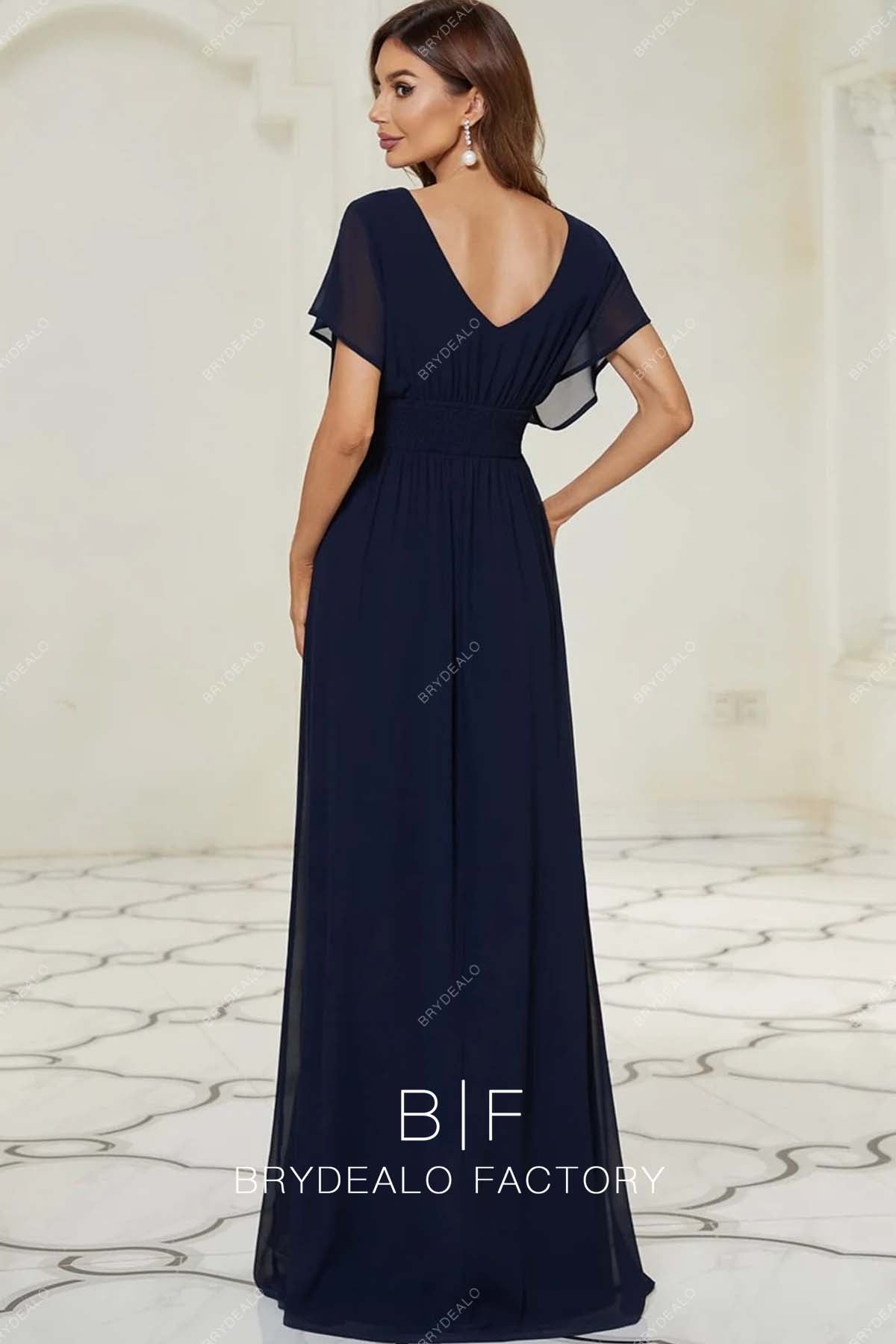 Navy Chiffon Floor Length Open Back A-line Bridesmaid Dress