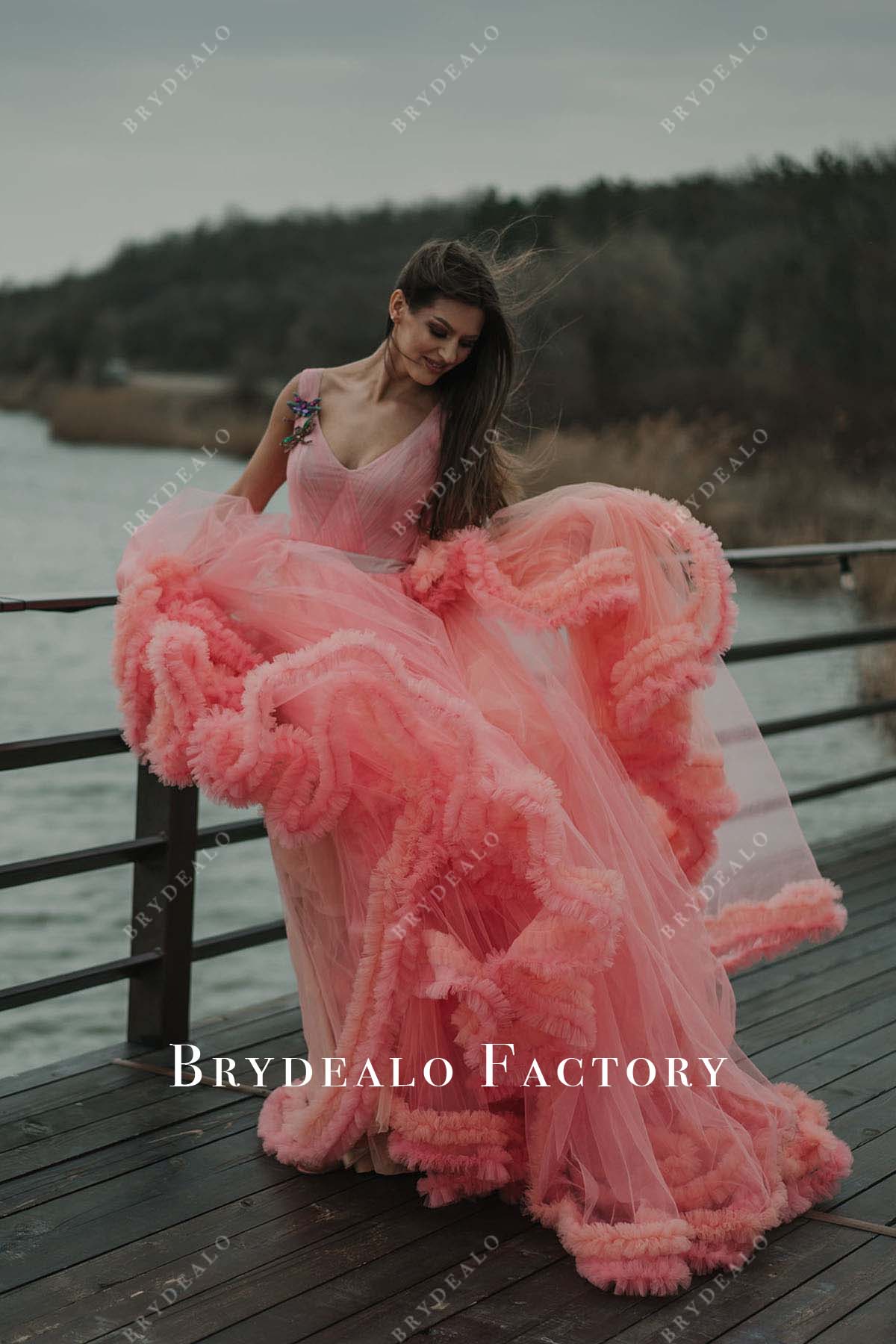 papaya ruffled tulle prom dress