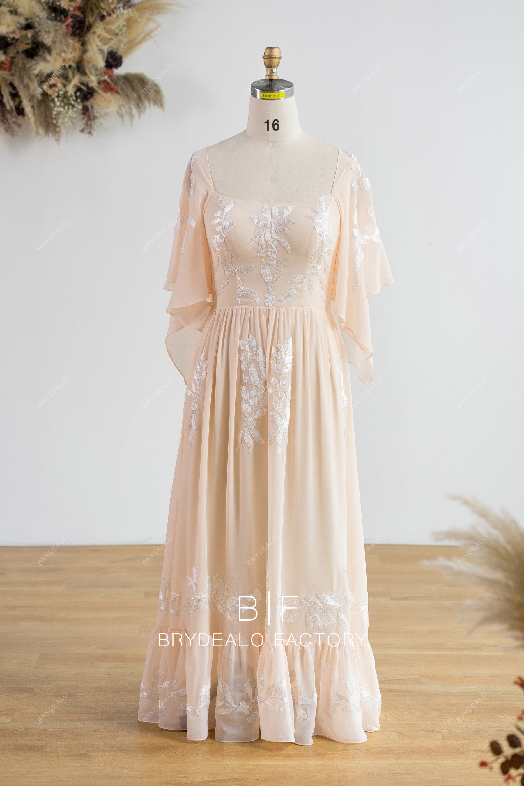 Plus Size Peach Chiffon Flutter Sleeve Long Bridesmaid Formal Gown Plus Size Peach Chiffon Flutter Sleeve Long Bridesmaid Formal Gown