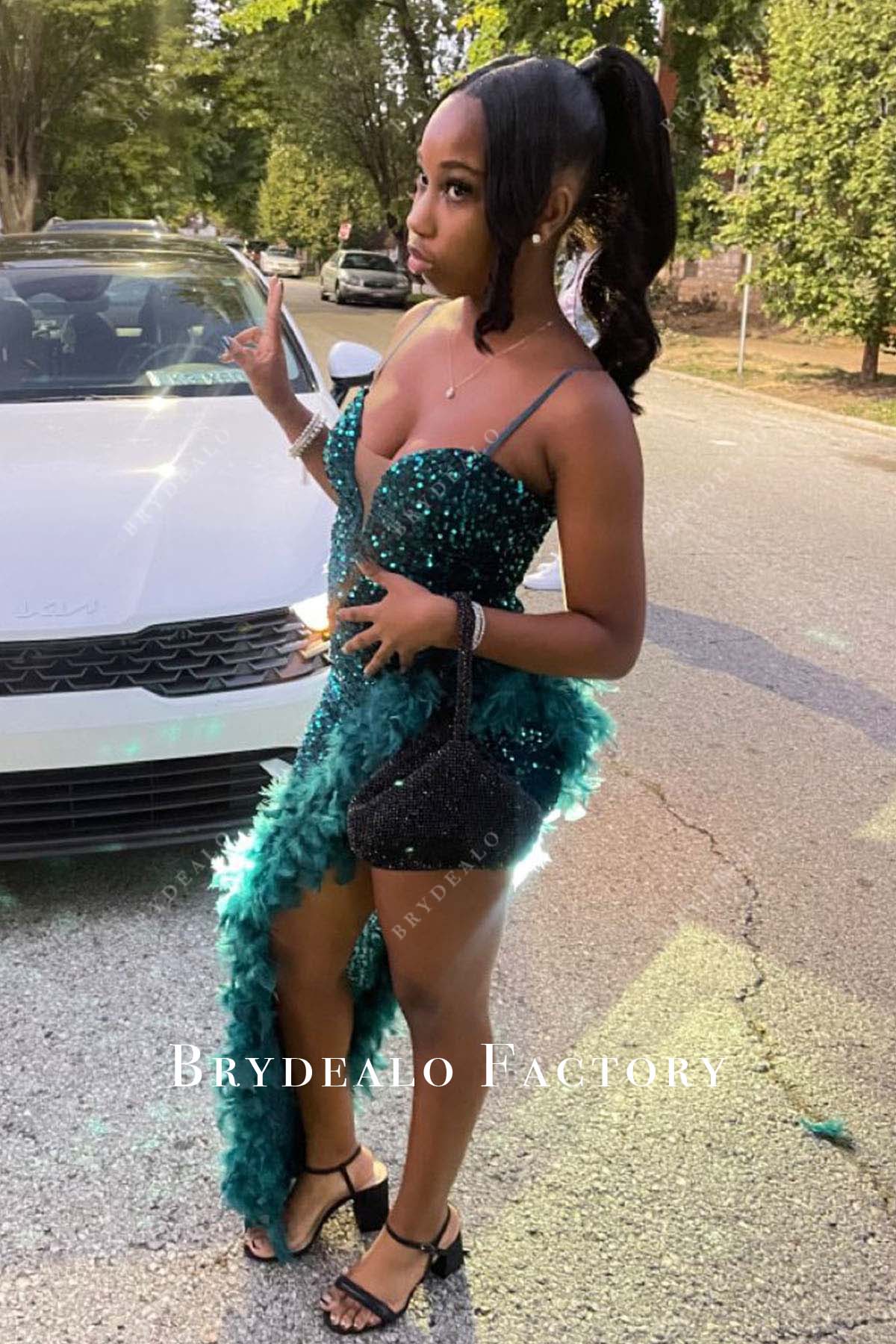 Green Sequined High To Low Feathered Hem Prom Dress Green Sequined High To Low Feathered Hem Prom Dress