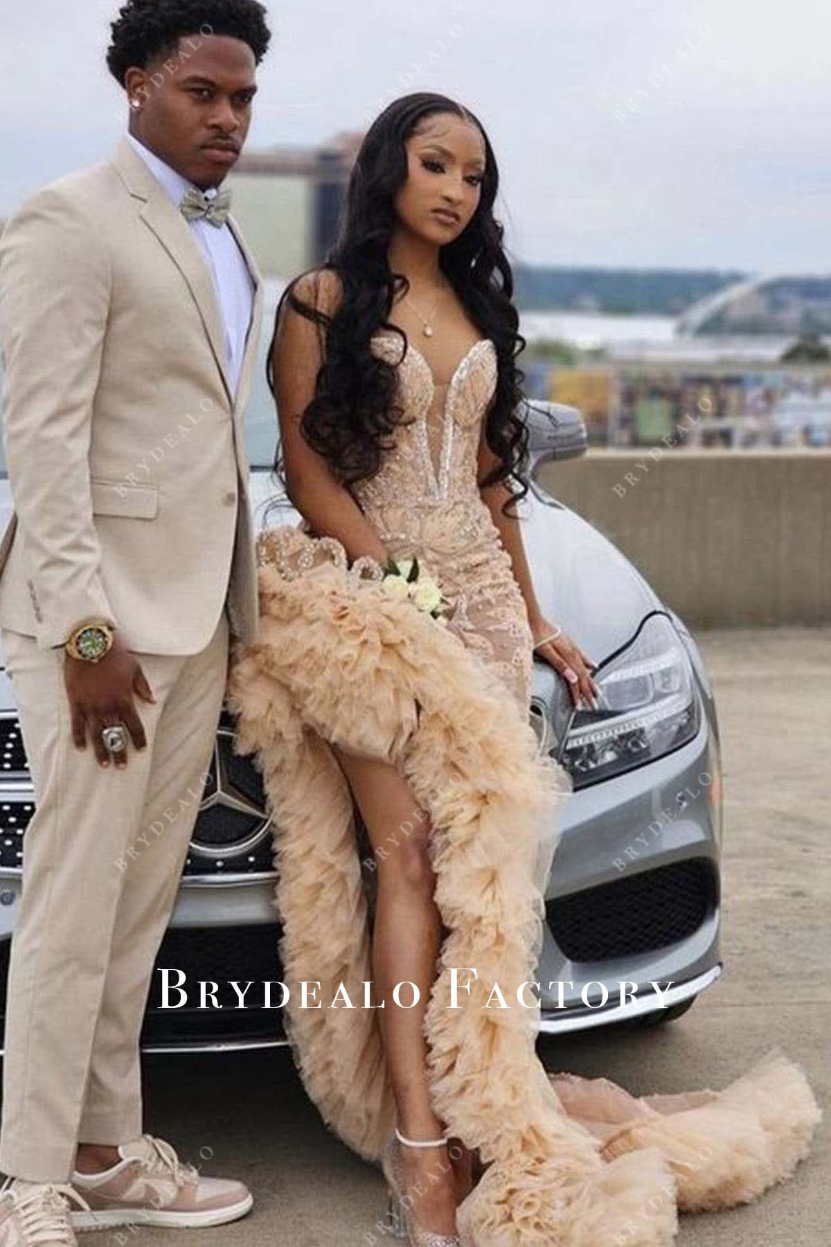 Strapless Light Champagne Tulle High To Low Prom Dress Strapless Light Champagne Tulle High To Low Prom Dress