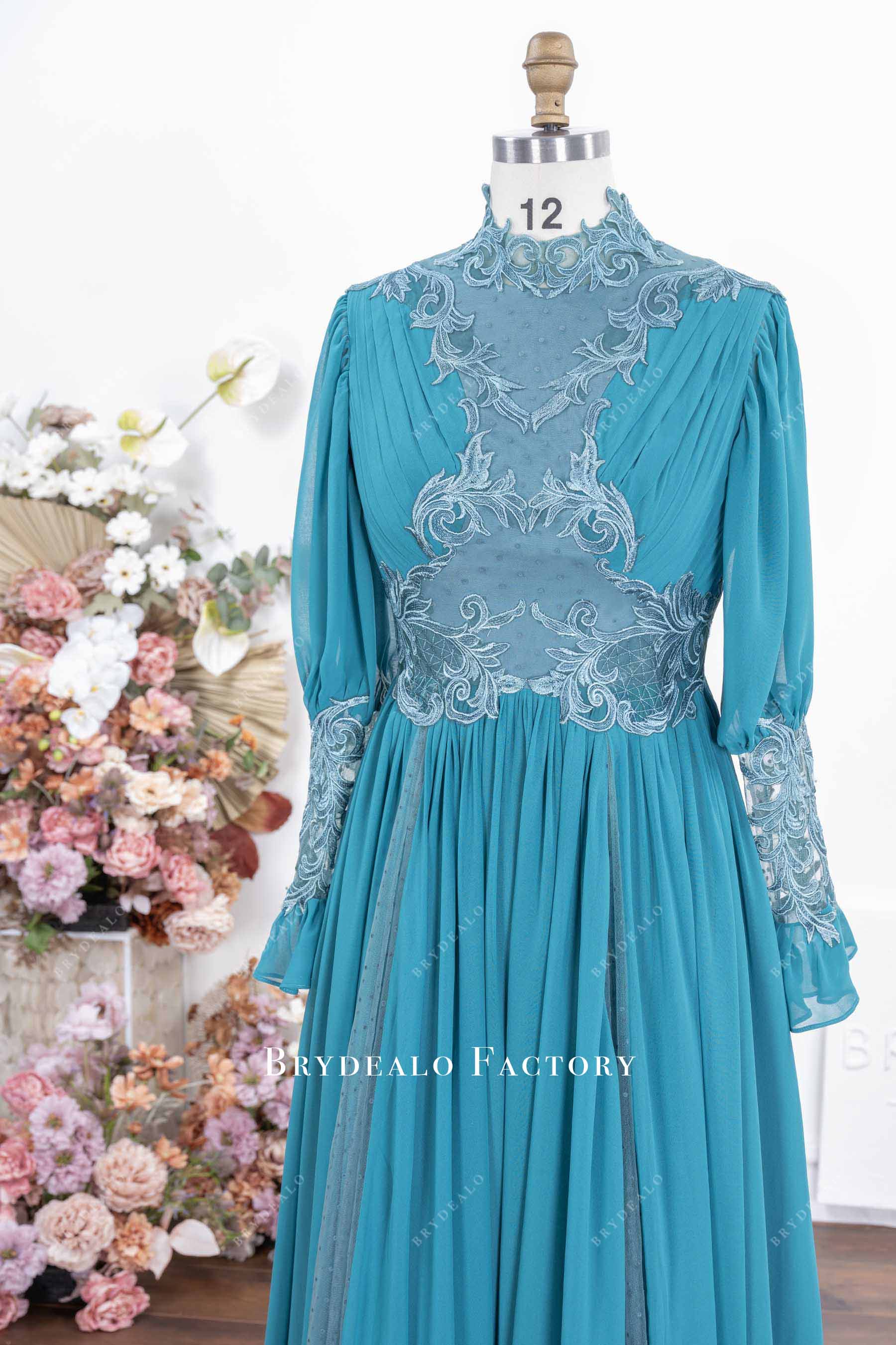 peacock lace high neck pleated formal dress