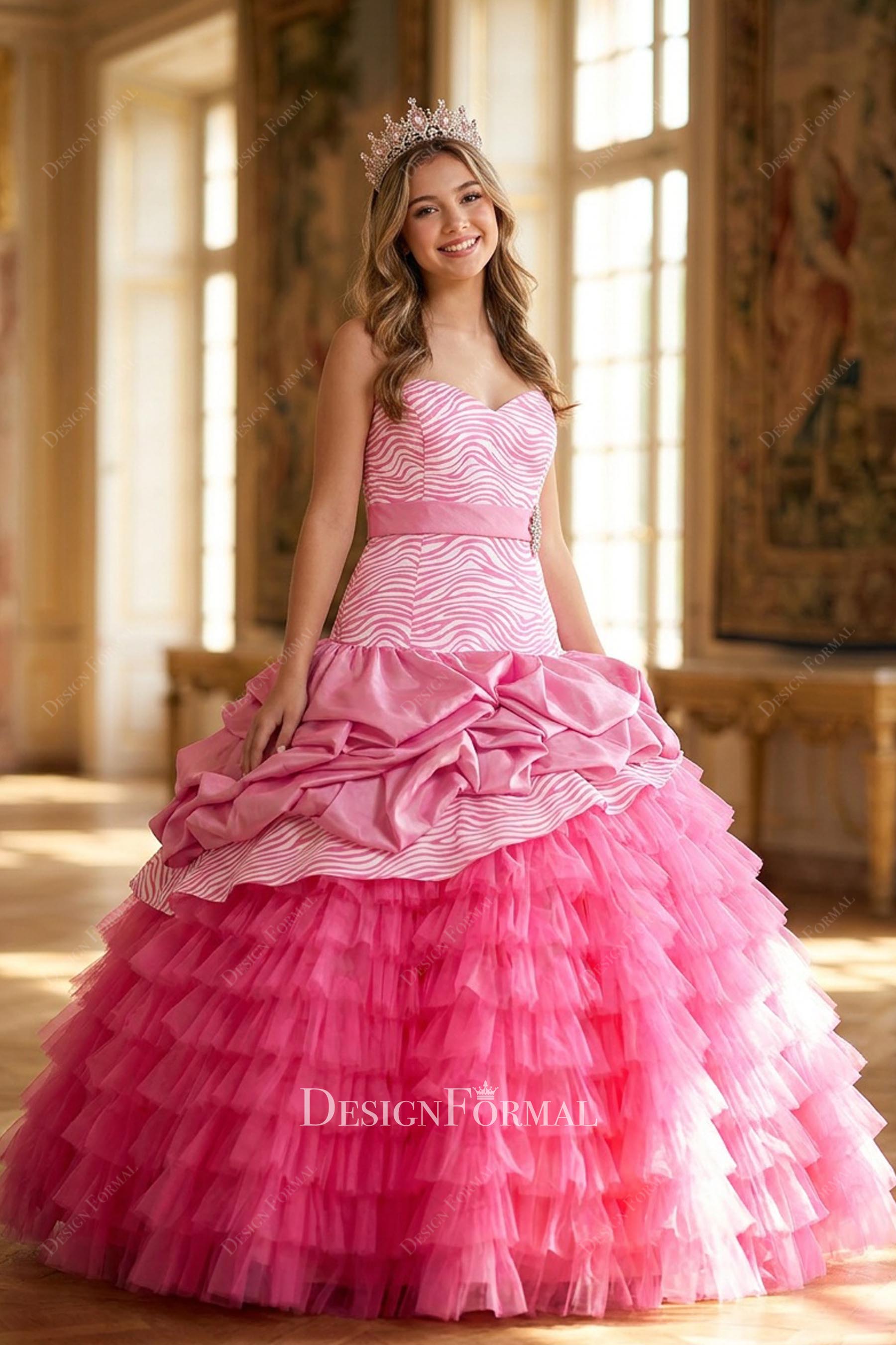 Pink Zebra Print Taffeta Tiered Tulle Plus Size Quinceañera Ballgown