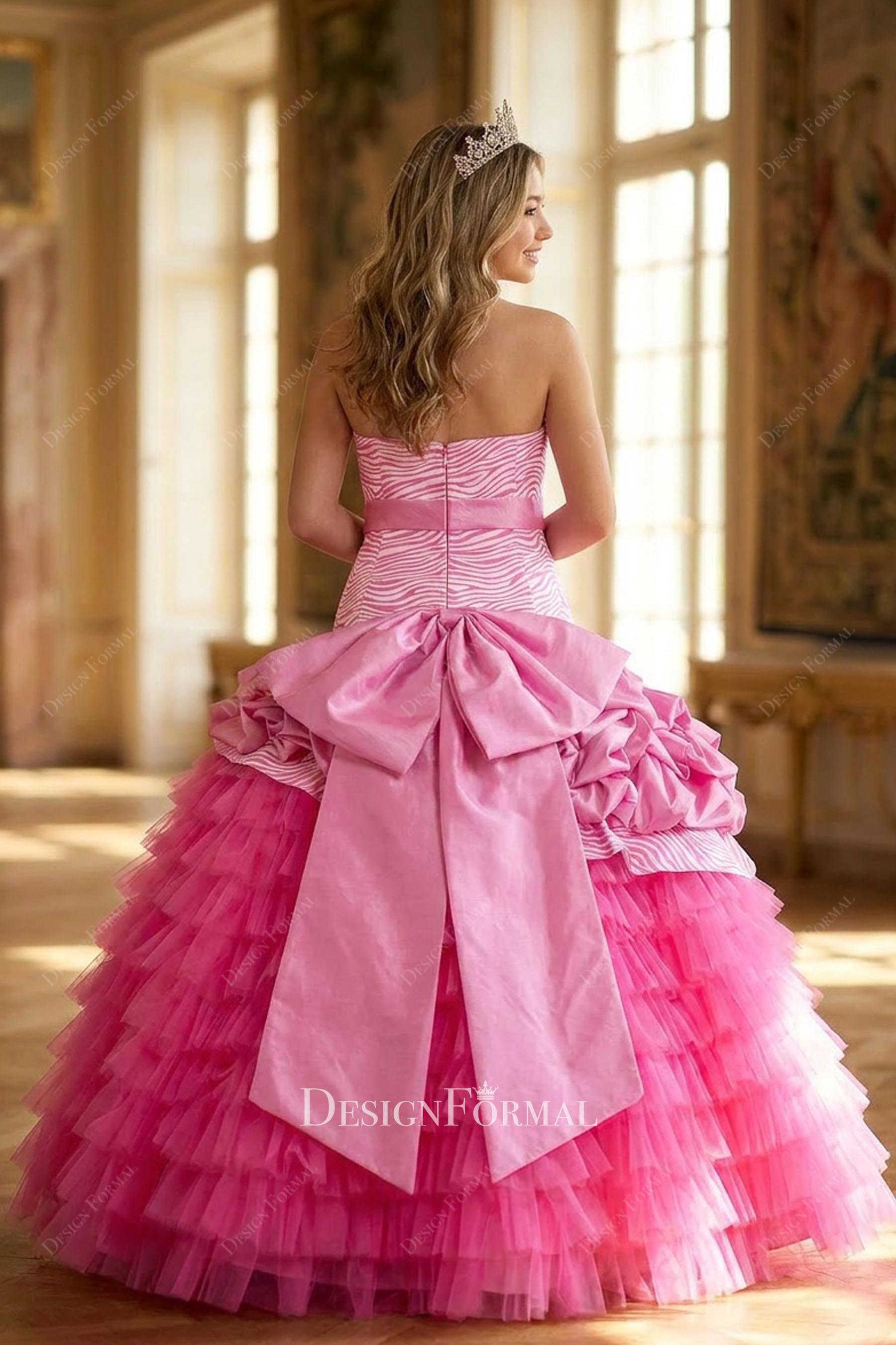 pink strapless backless Quinceanera gown