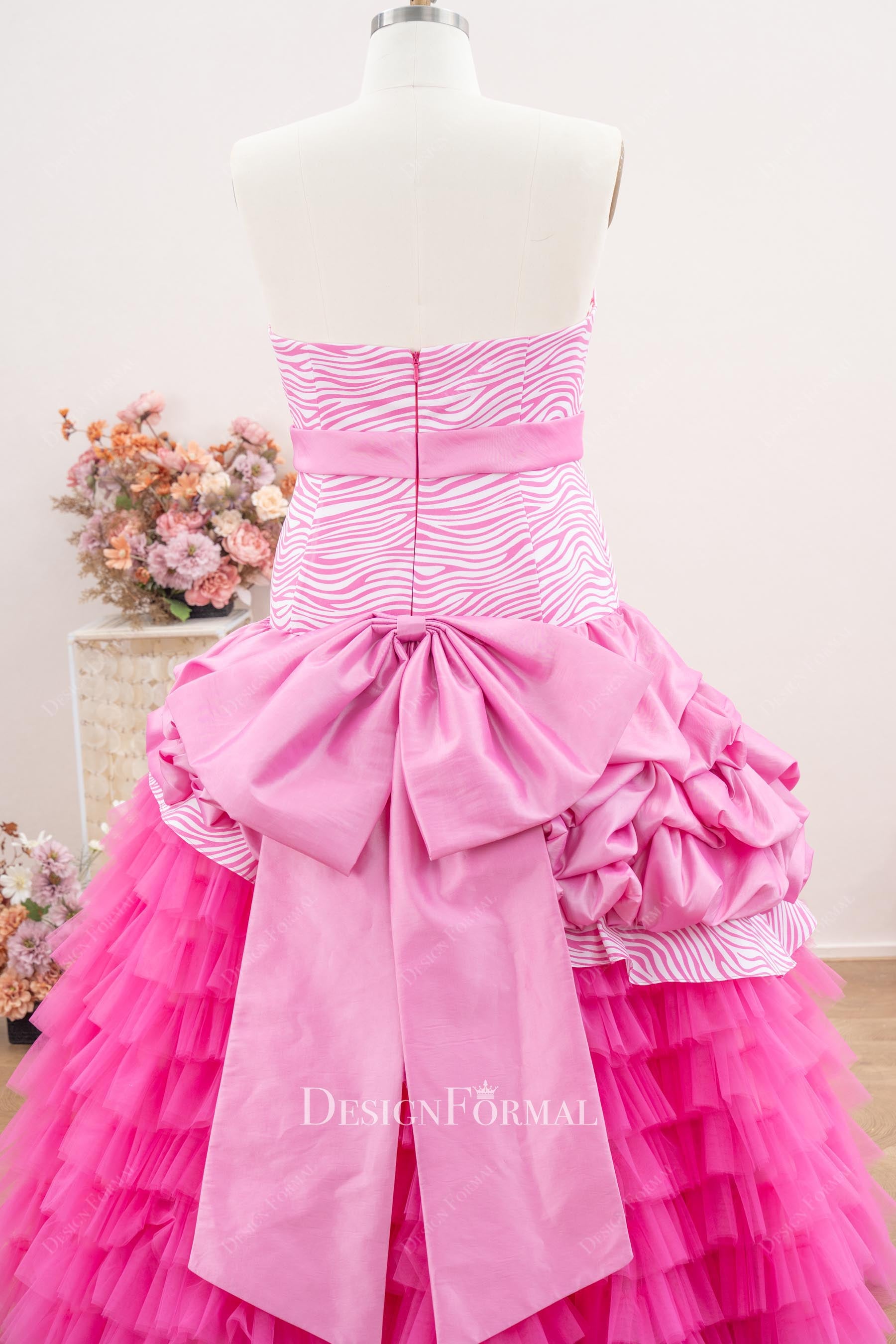 pink strapless zebra print Quinceanera gown