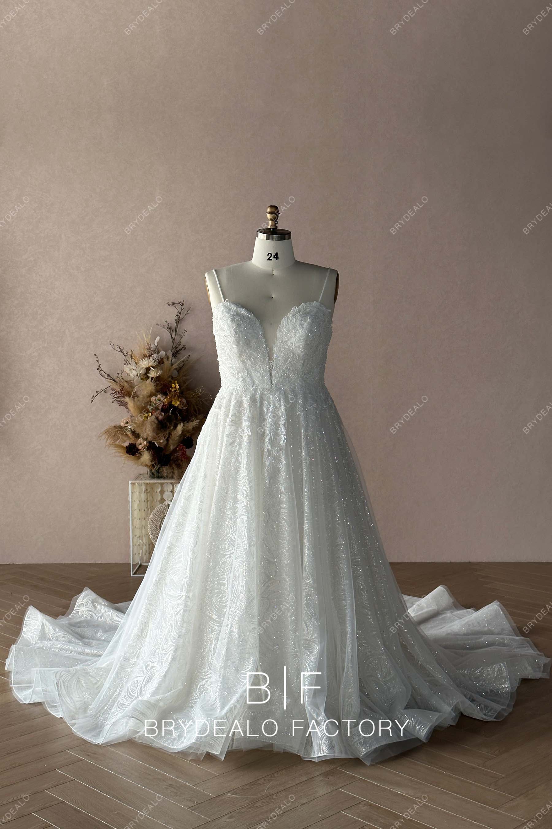 Spaghetti Straps Plus Size Designer Lace Glitter Plunge Wedding Dress Spaghetti Straps Plus Size Designer Lace Glitter Plunge Wedding Dress