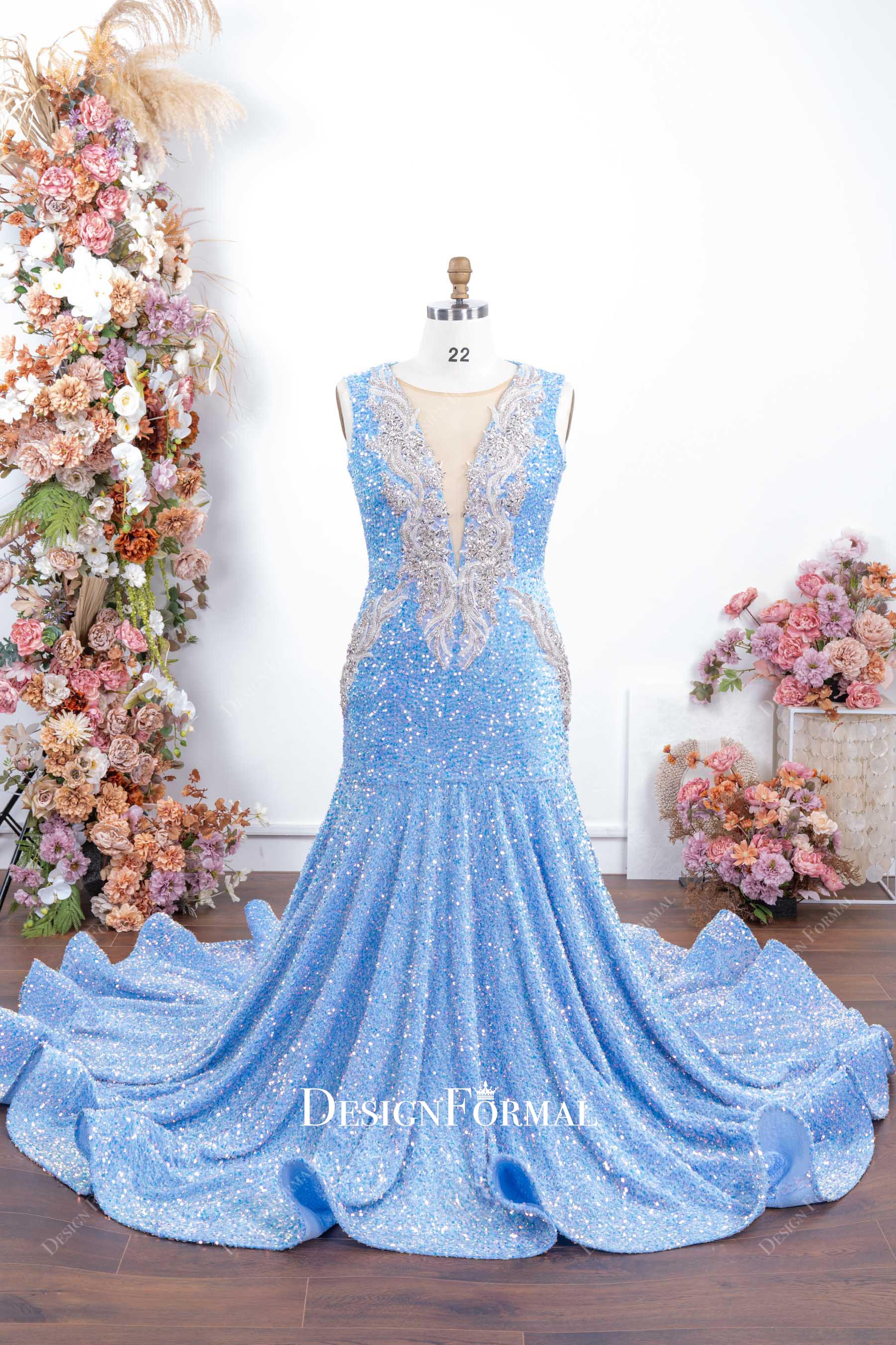 plus size blue trumpet prom dress