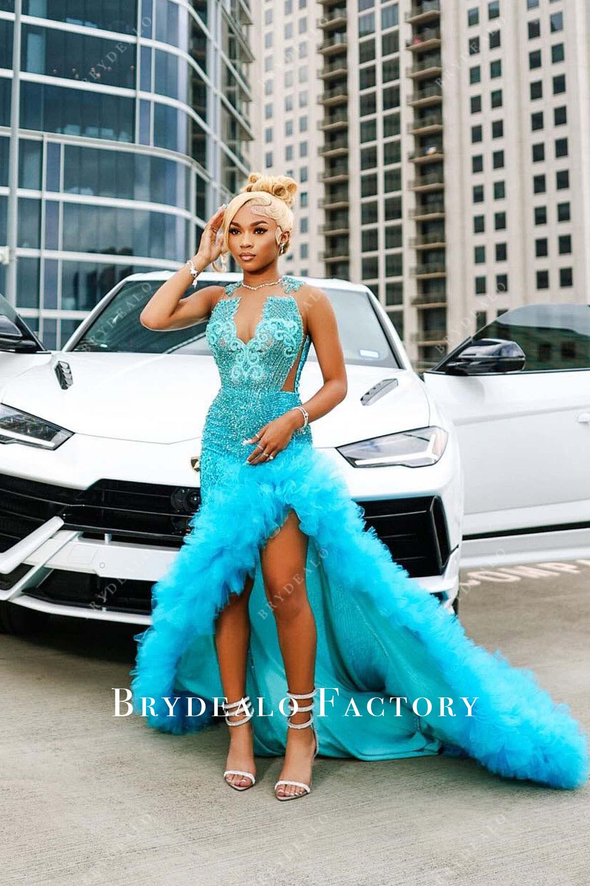 how to hem a prom dress Pool Rhinestones Sequined Slit Long Train Prom Dress
