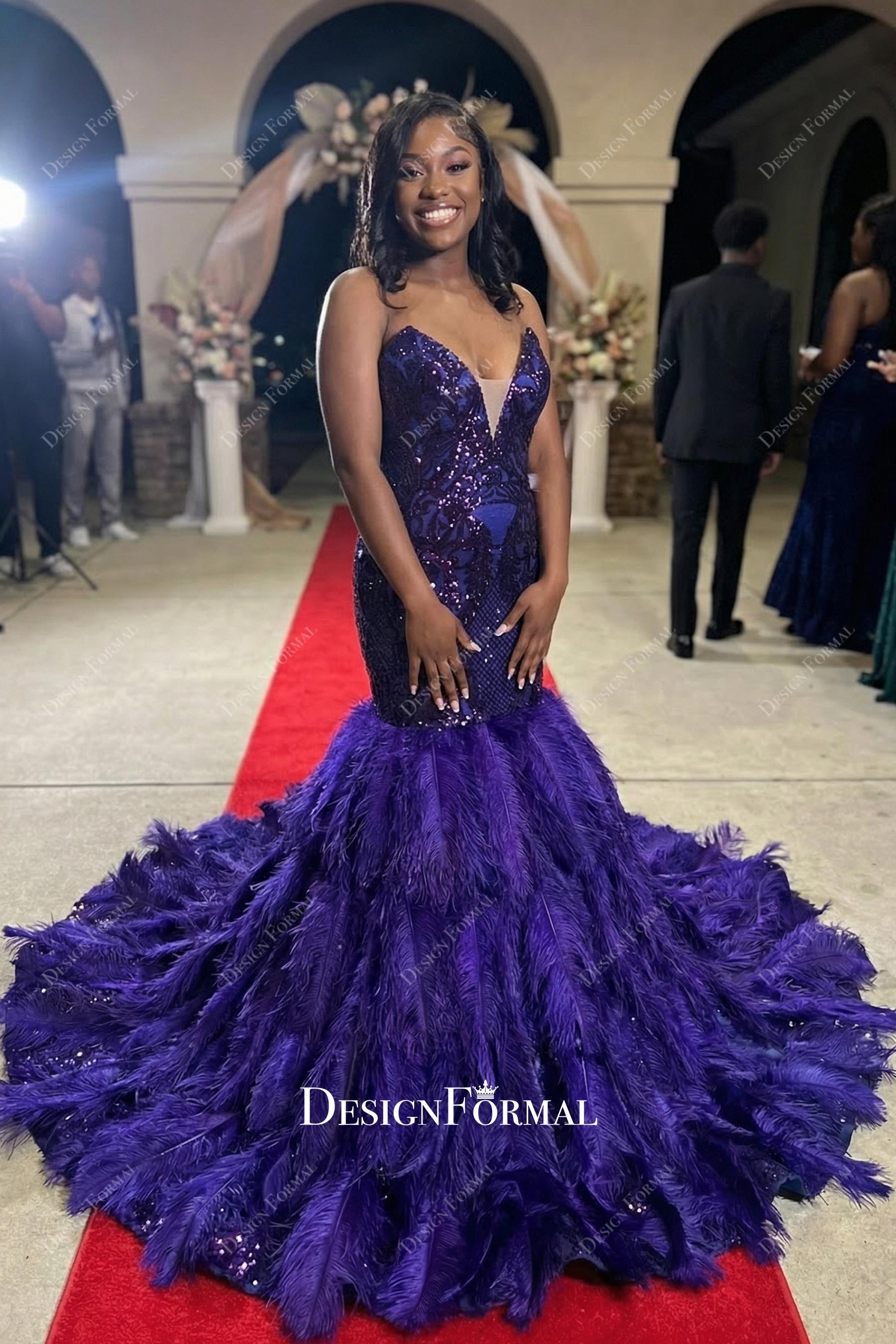 purple sequin lace strapless trumpet prom dress