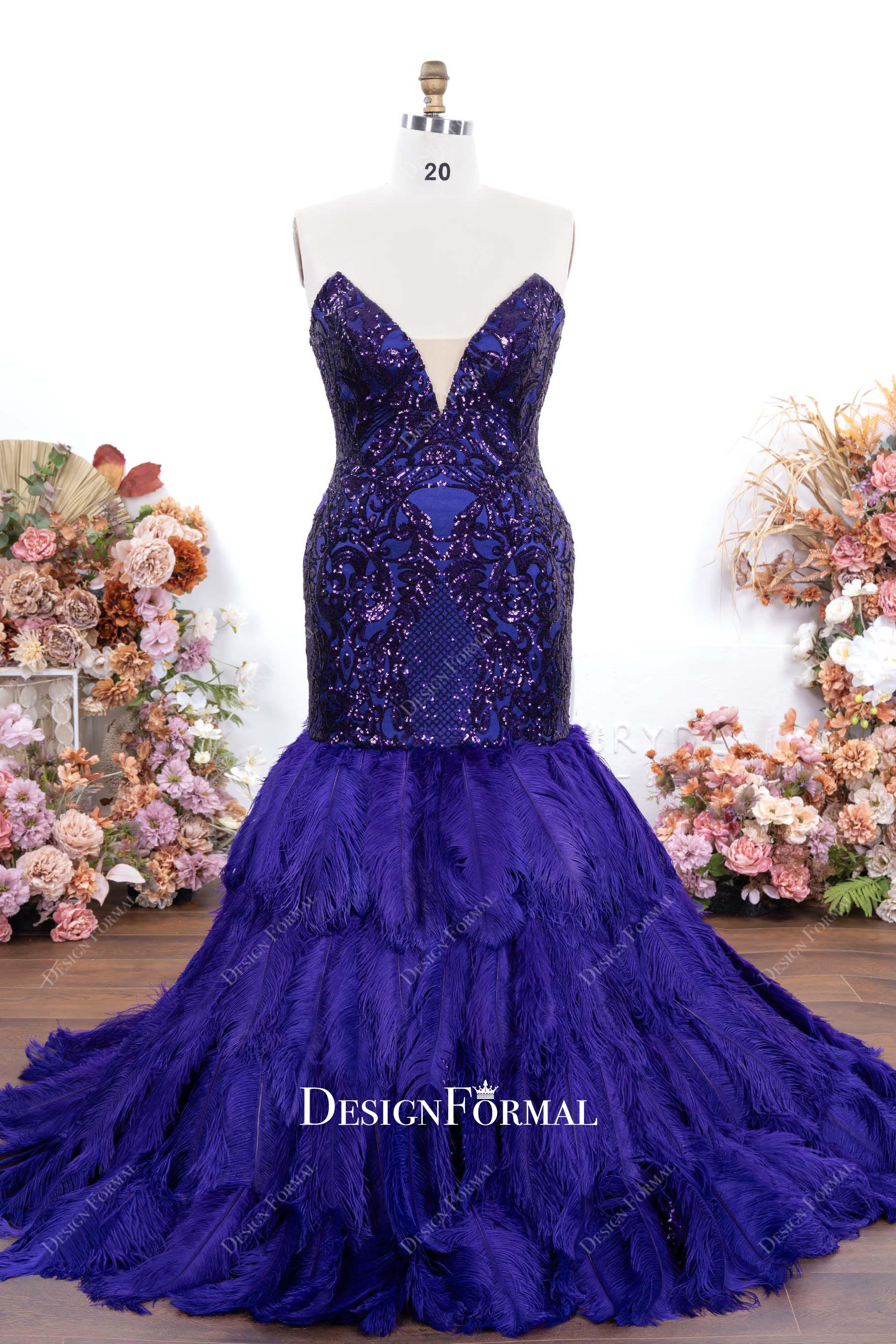 purple sequin trumpet feathered prom dress