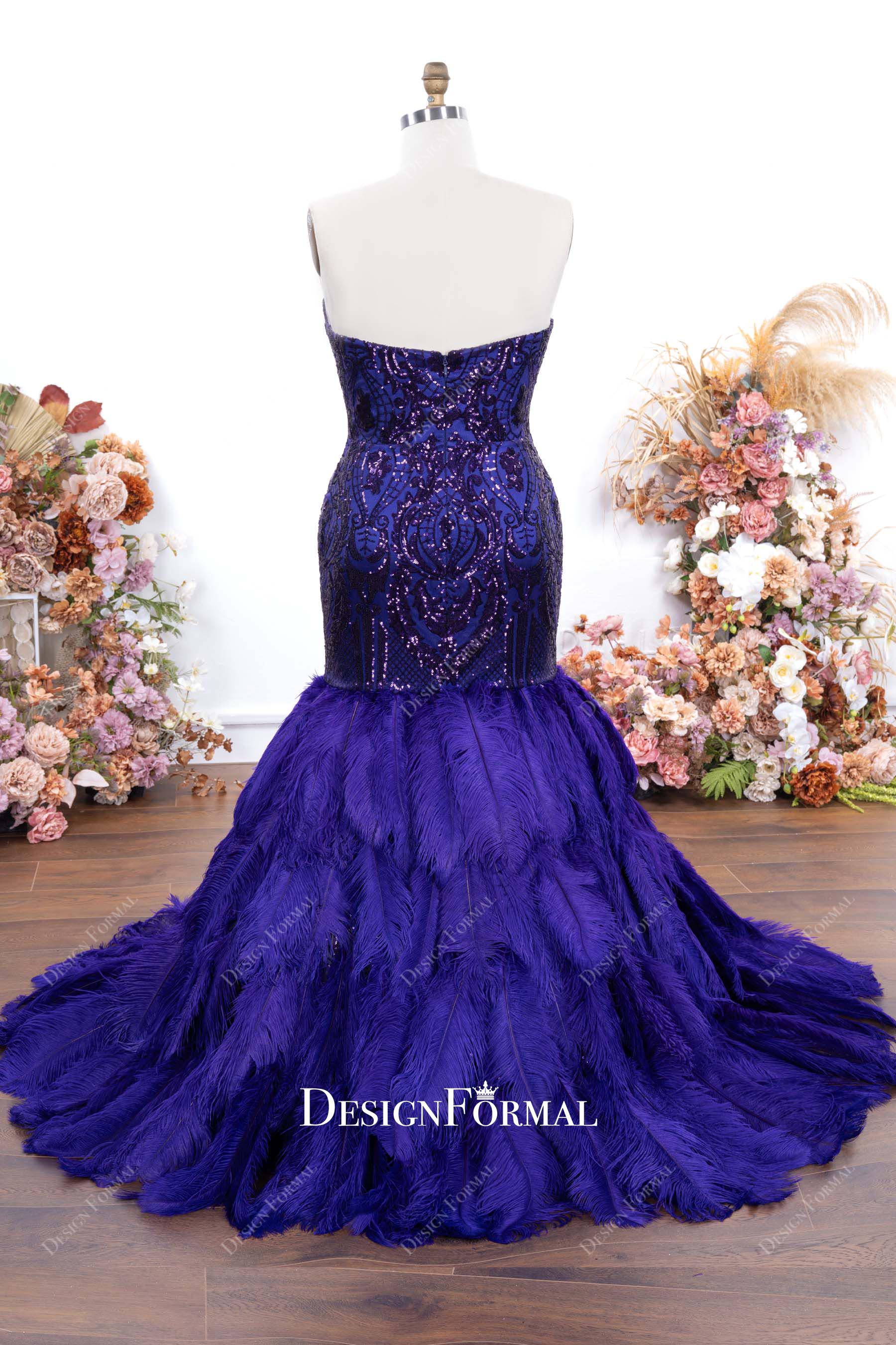 purple strapless trumpet court train prom dress
