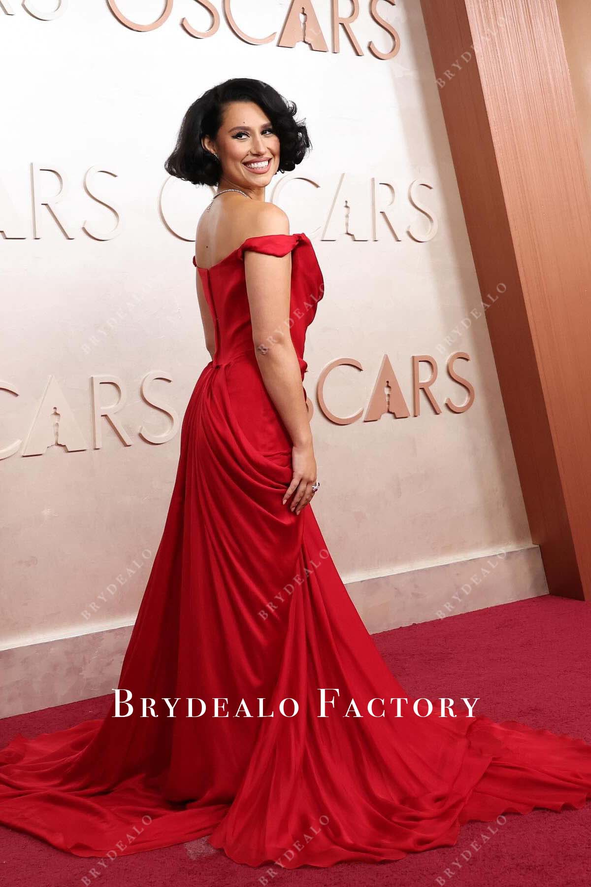 Raye red chapel train 2025 Oscars red carpet scoop neck dress