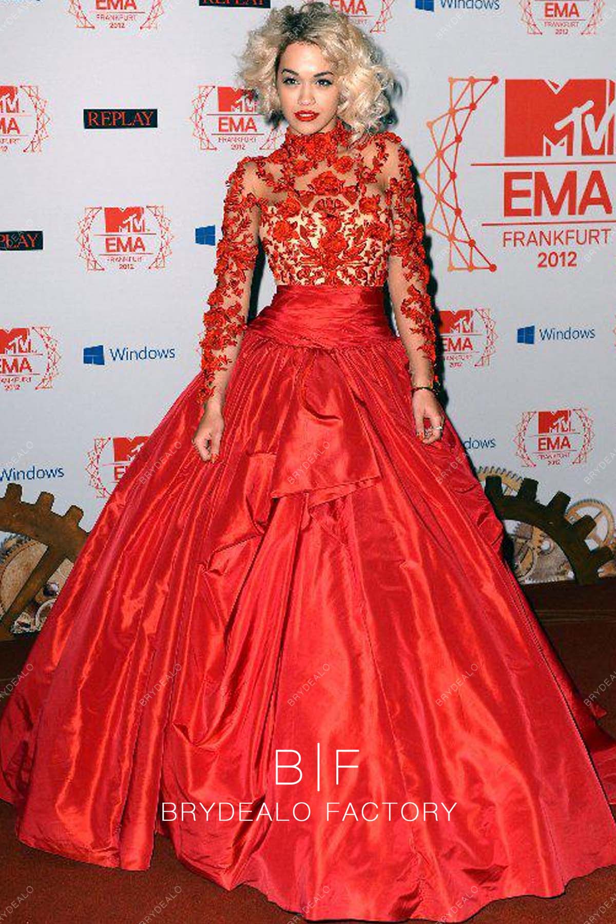 strapless open back dress Rita Ora Red Carpet Lace Taffeta Ball Gown Celebrity Evening Dress