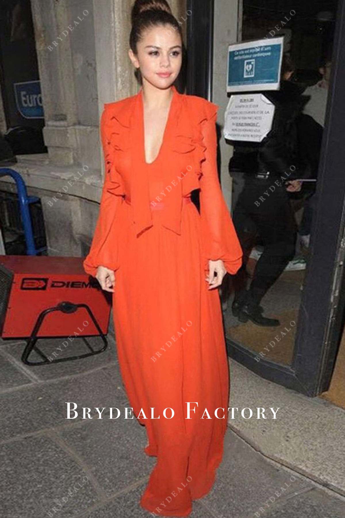 Selena Gomez Orange Chiffon V-Neck 2016 Virgin Radio Station Dress