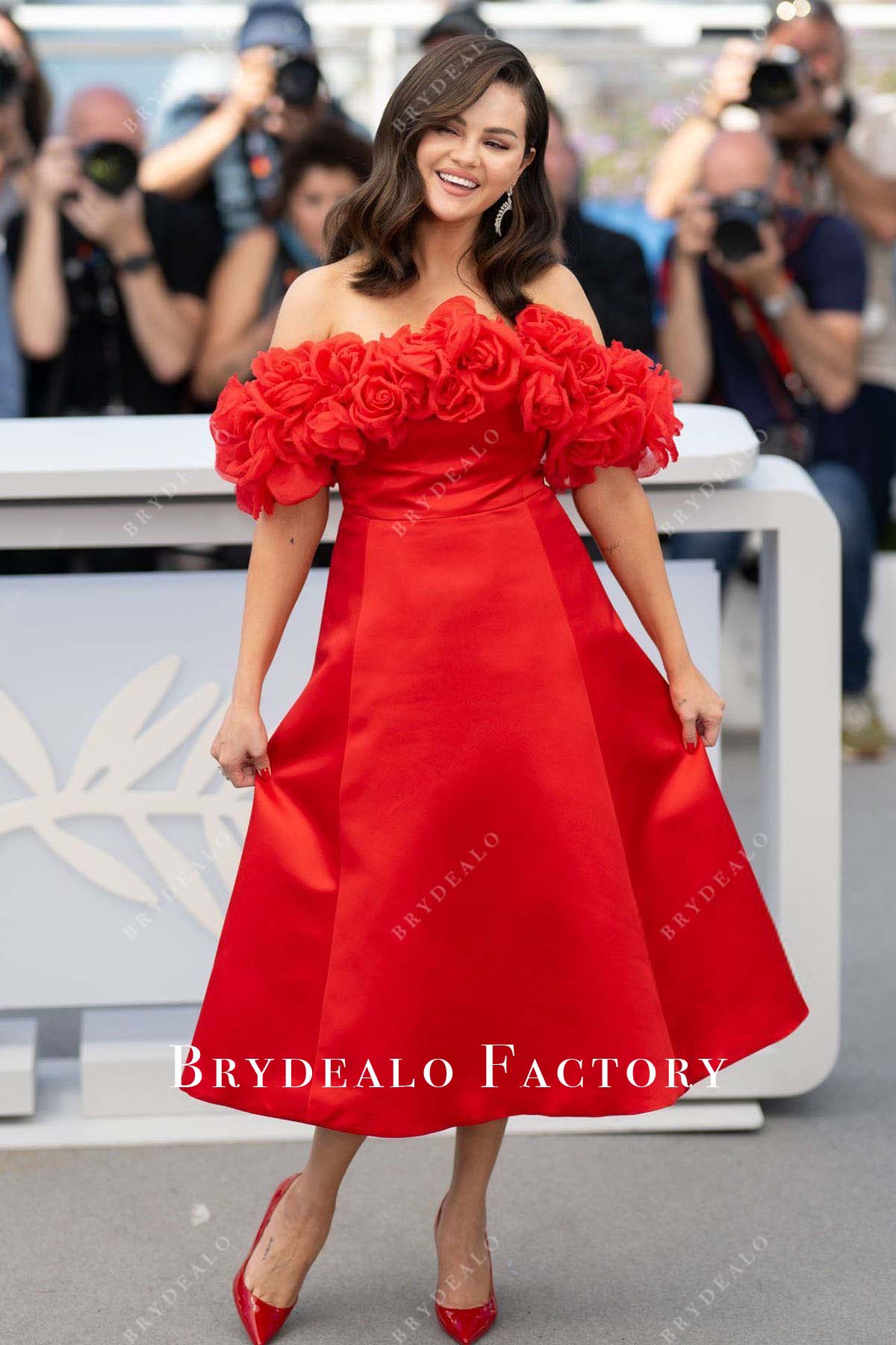 selena gomez red dress fashion nova Selena Gomez Red Flowers Off Shoulder 2024 Cannes Film Festival Dress