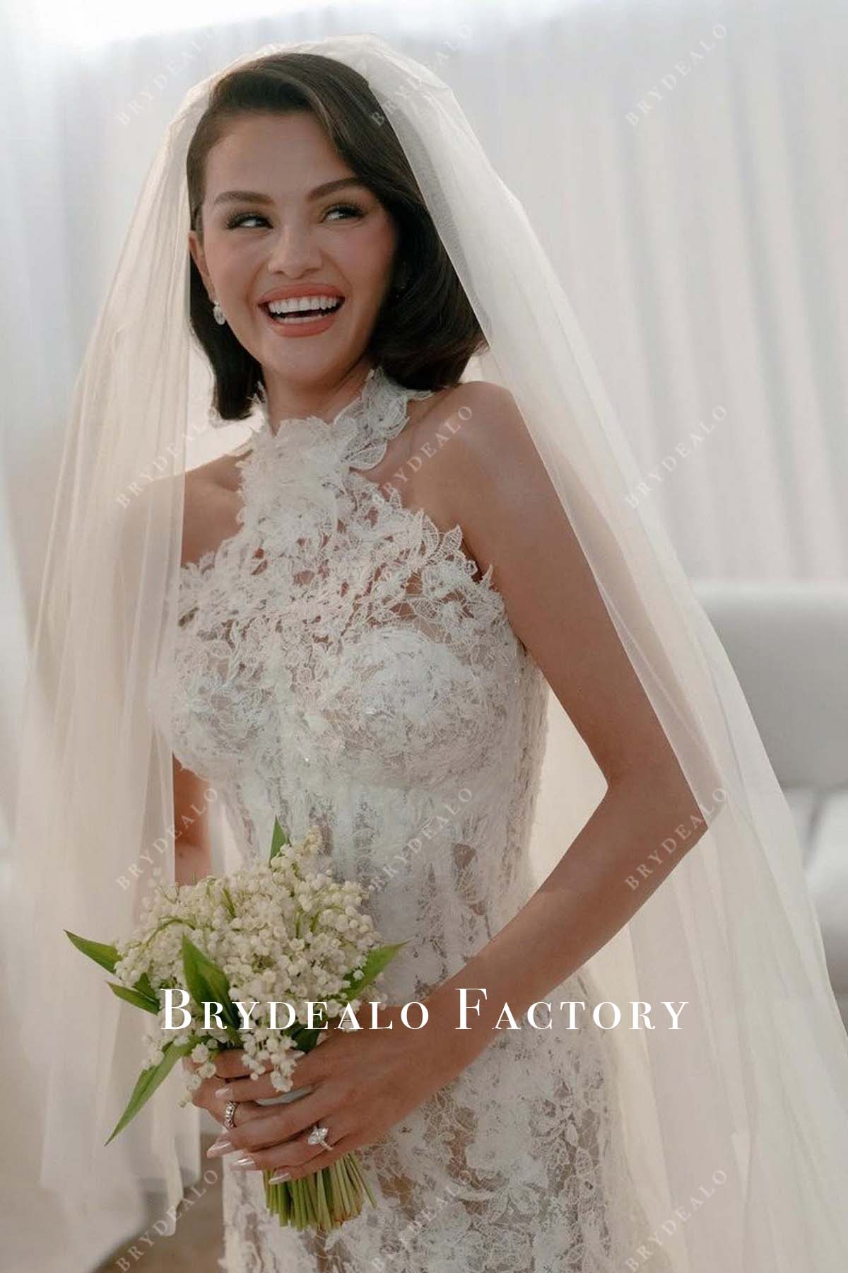 Selena Gomez lace halter 2025 wedding dress