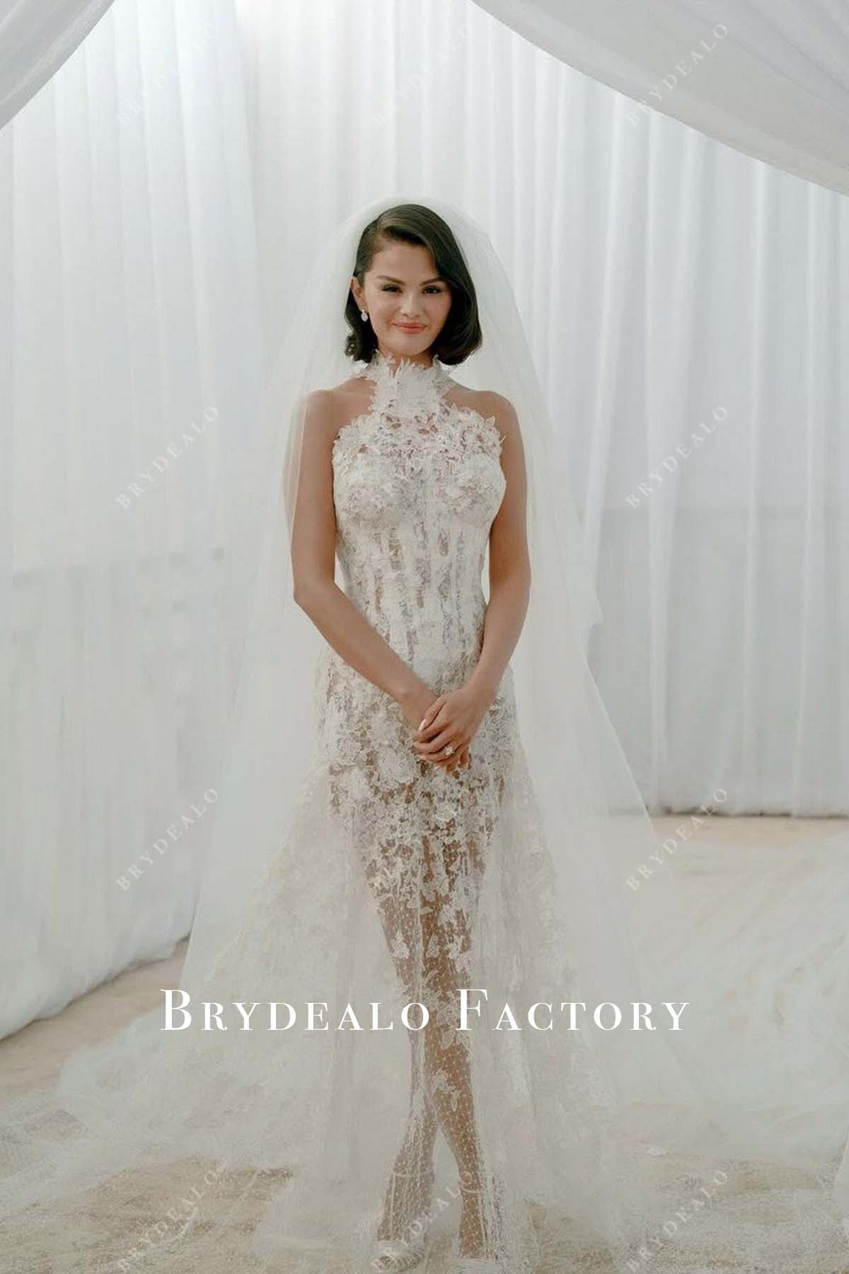 Selena Gomez 2025 Lace Halter Sheer Fit & Flare Wedding Ceremony Dress, White / Dress Only Selena Gomez 2025 Lace Halter Sheer Fit & Flare Wedding Ceremony Dress, White / Dress Only