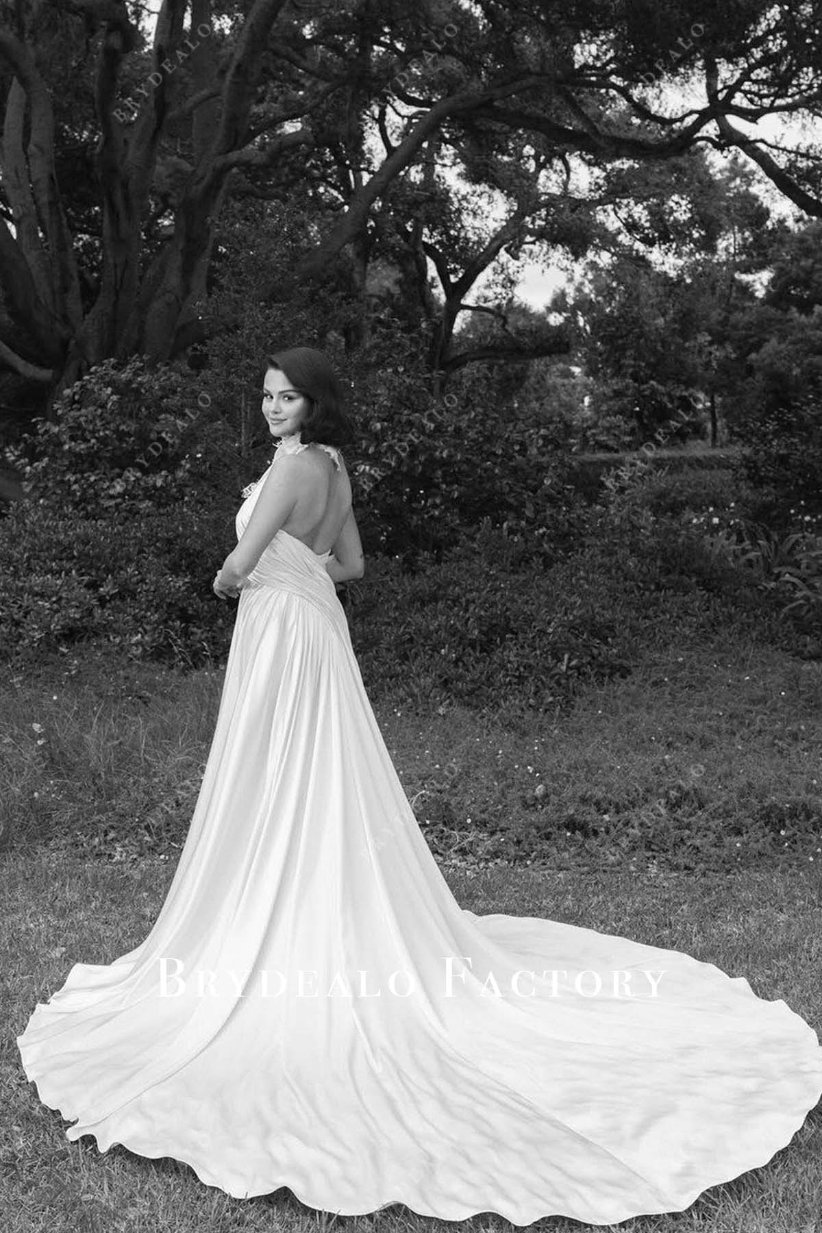 Selena Gomez white 2025 cathedral train wedding dress