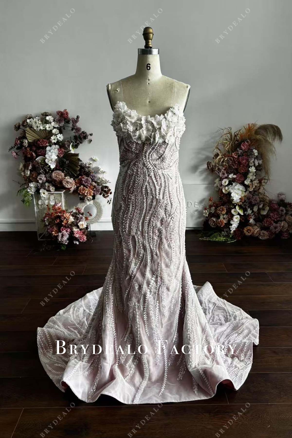 3D Flower Shimmer Mermaid Custom Rose Gold Strapless Prom Dress