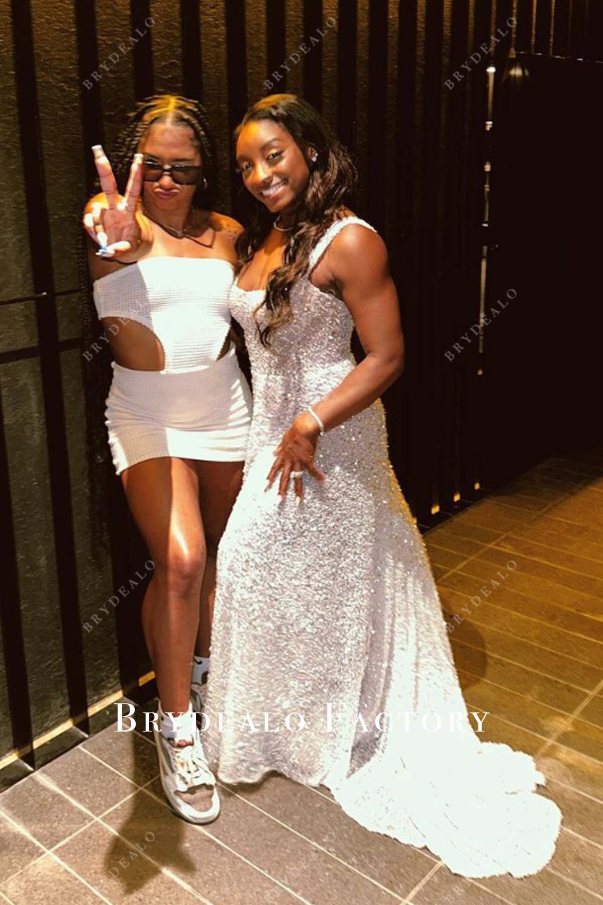 Simone Biles Sleeveless Glitter A-line Long Wedding Dress Simone Biles Sleeveless Glitter A-line Long Wedding Dress