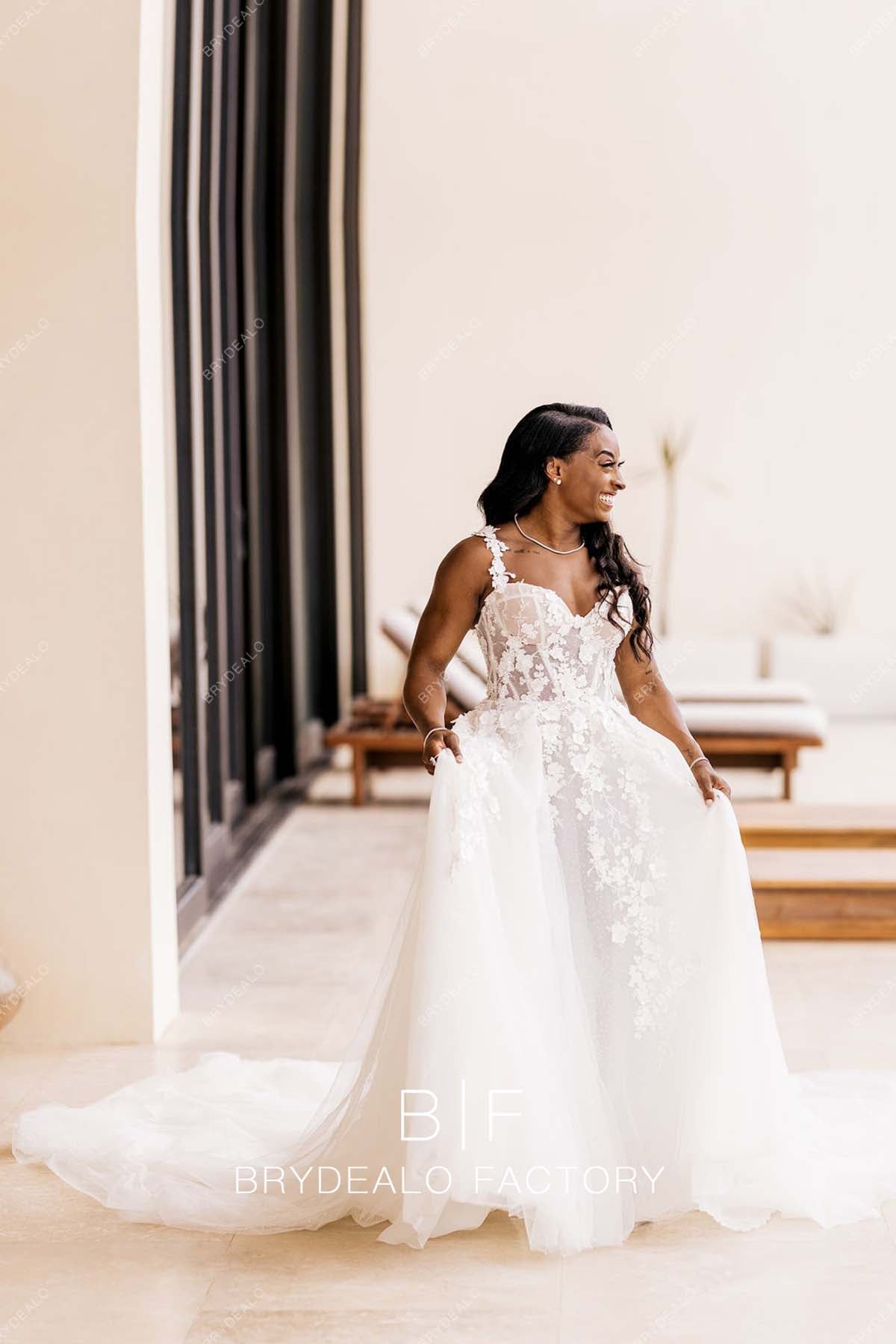 Simone Biles Modern Corset Lace Destination Wedding Dress