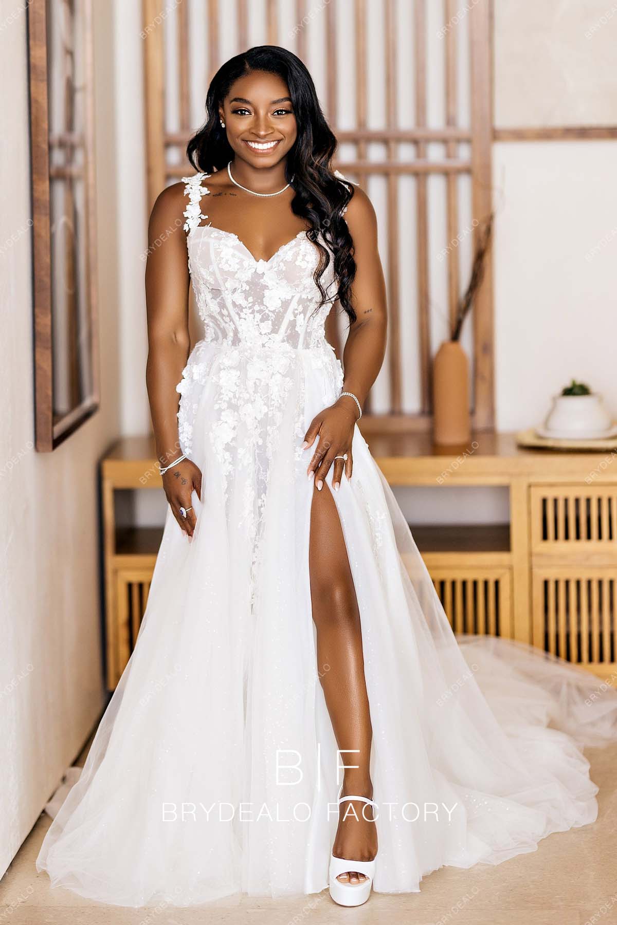 Simone Biles Modern Corset Lace Tulle Slit A Line Wedding Dress