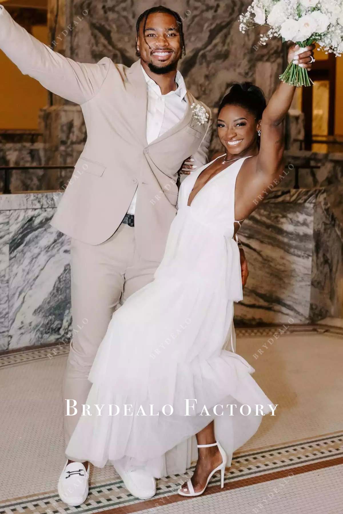 Simone Biles Plunging White Tulle Wedding Dress