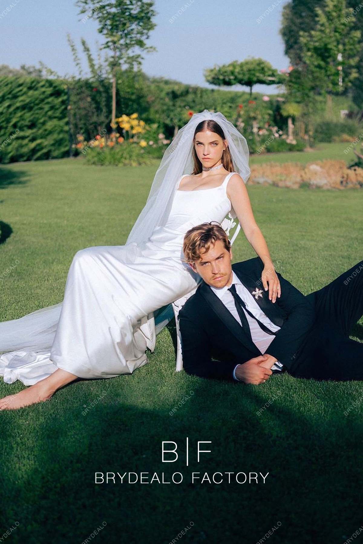 Barbara Palvin Ivory Satin Square Neck Wedding Dress