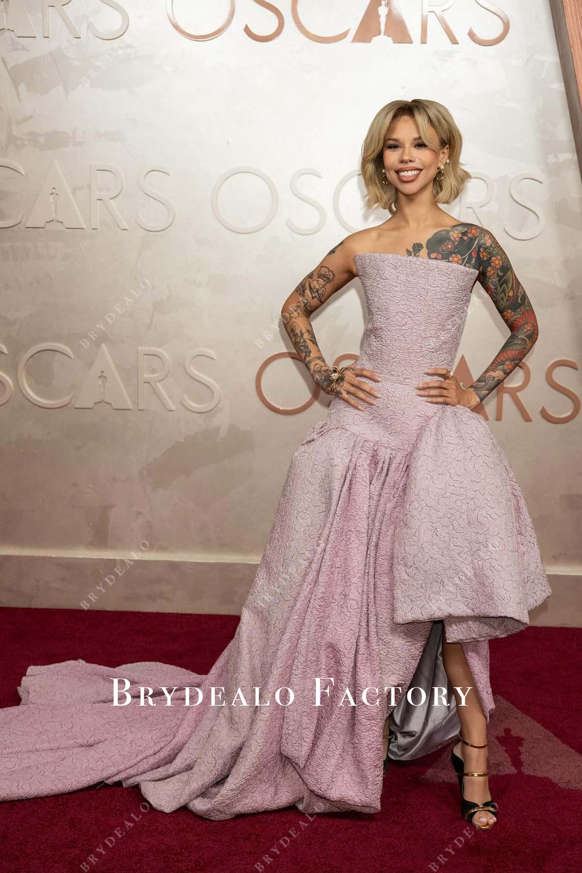 Snitchery lilac strapless 2025 Oscars red carpet dress