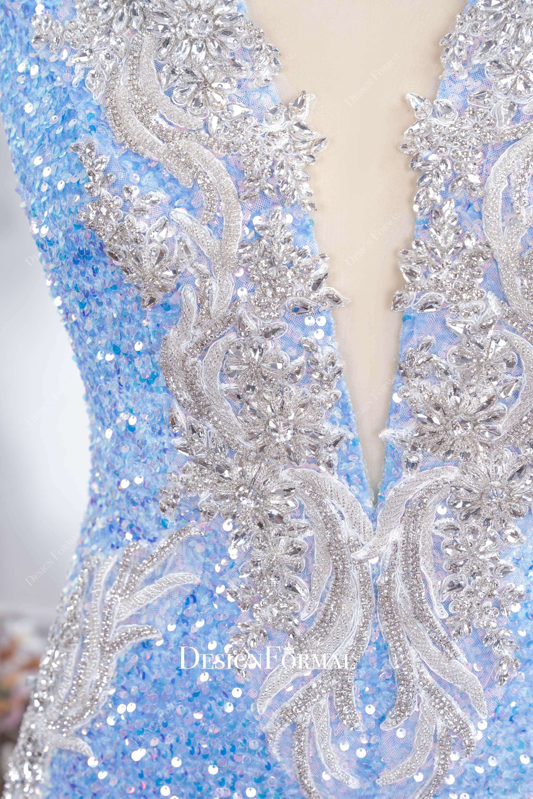 sparkly blue sequin plunging neck prom dress