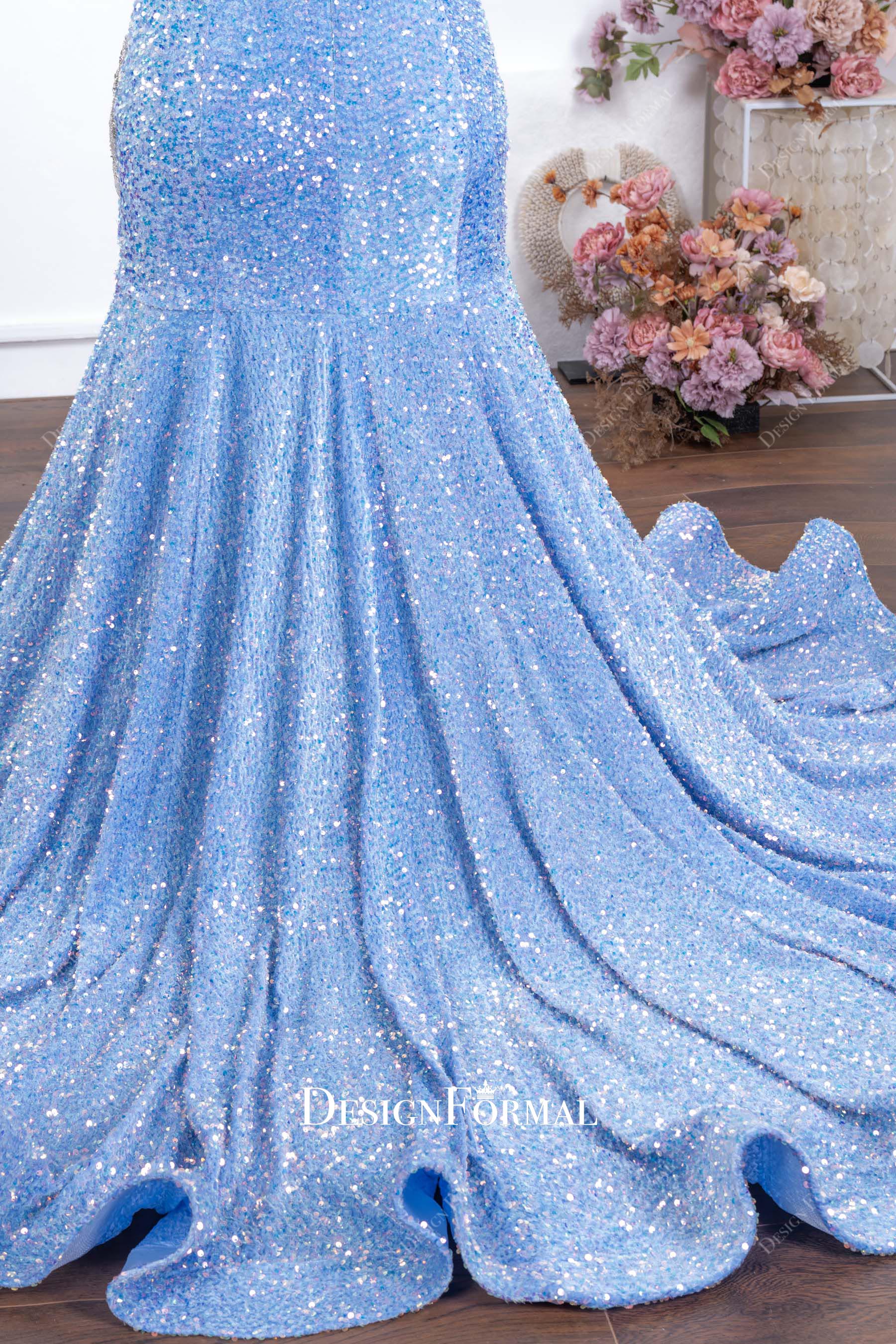 sparkly blue sequin trumpet prom dress
