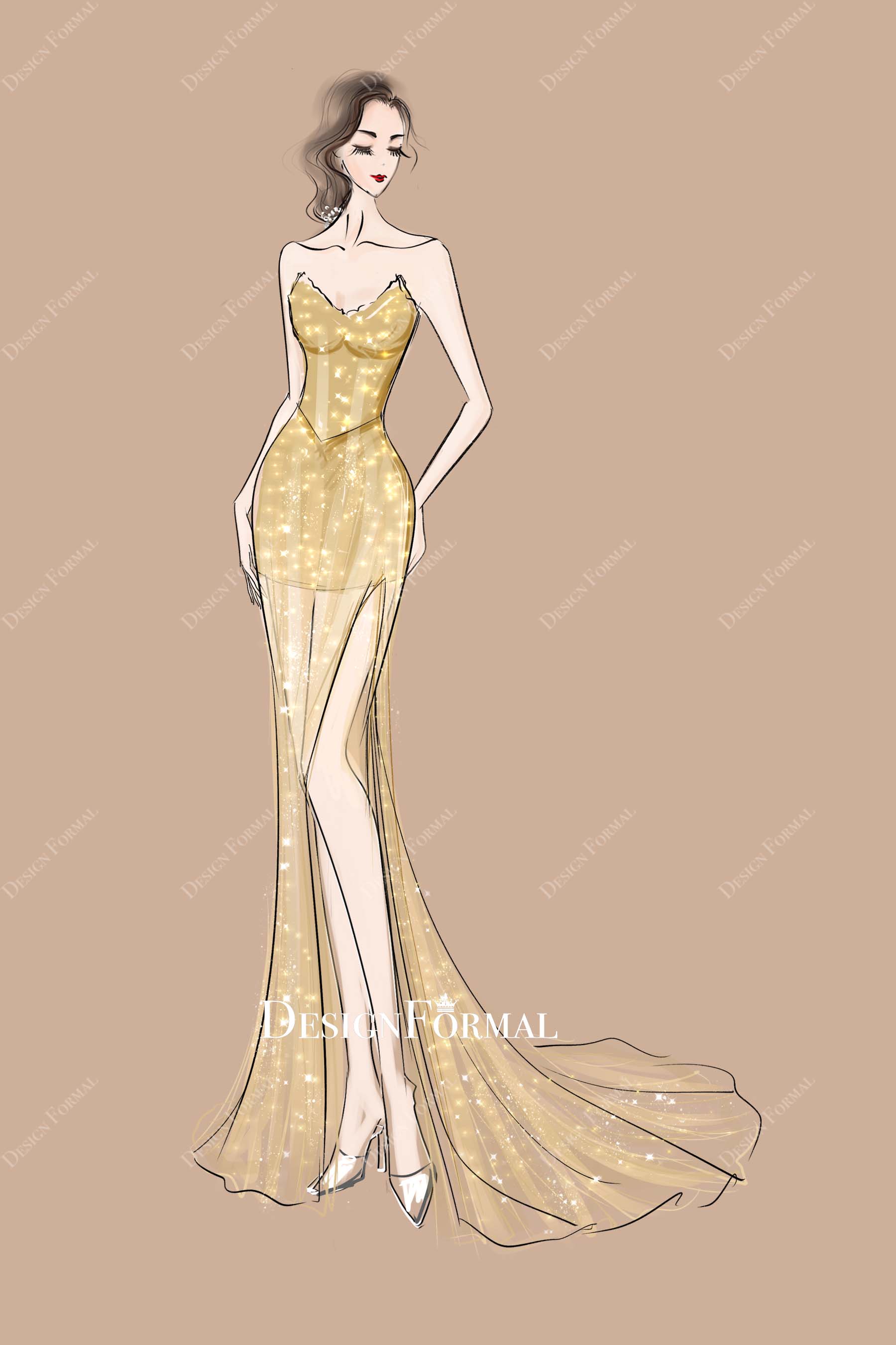 Strapless Basque Waist Fit Flare Gold Prom Dress Sketch