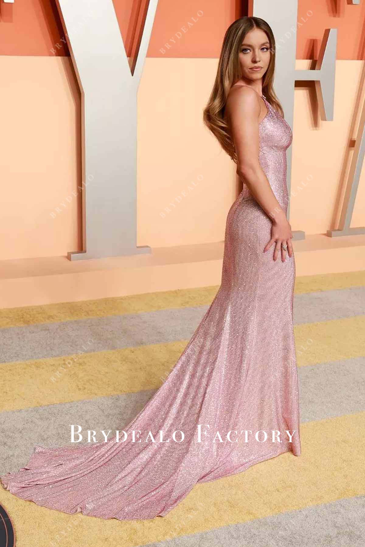 Sydney Sweeney pink 2025 chapel train Vanity fair party dress