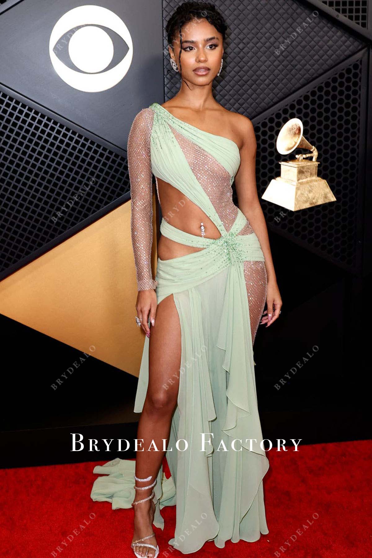 Tyla Sage Asymmetrical 2024 Grammys Red Carpet Dress