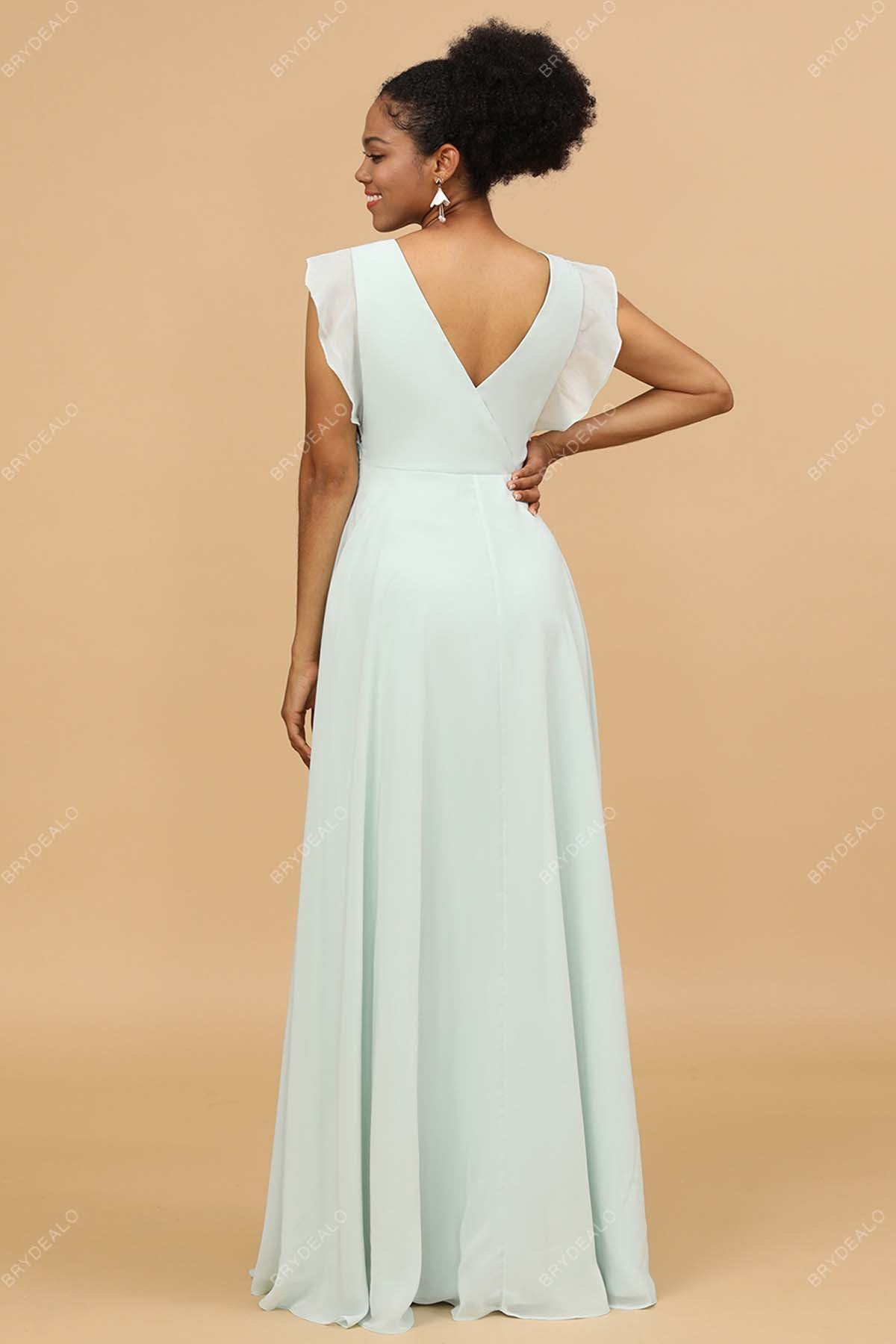 V-back chiffon mint bridesmaid gown