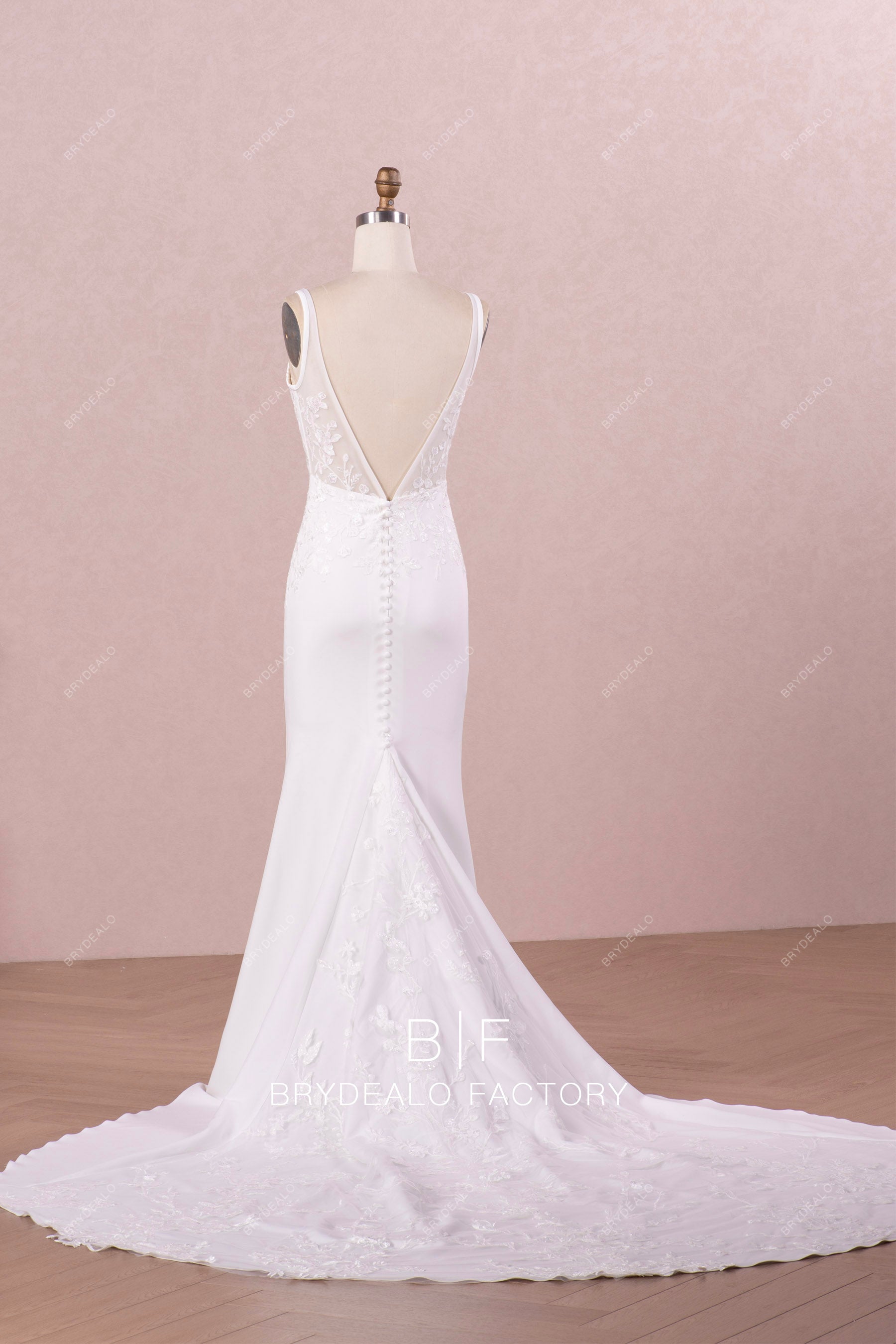 open V-back mermaid long train designer wedding dress