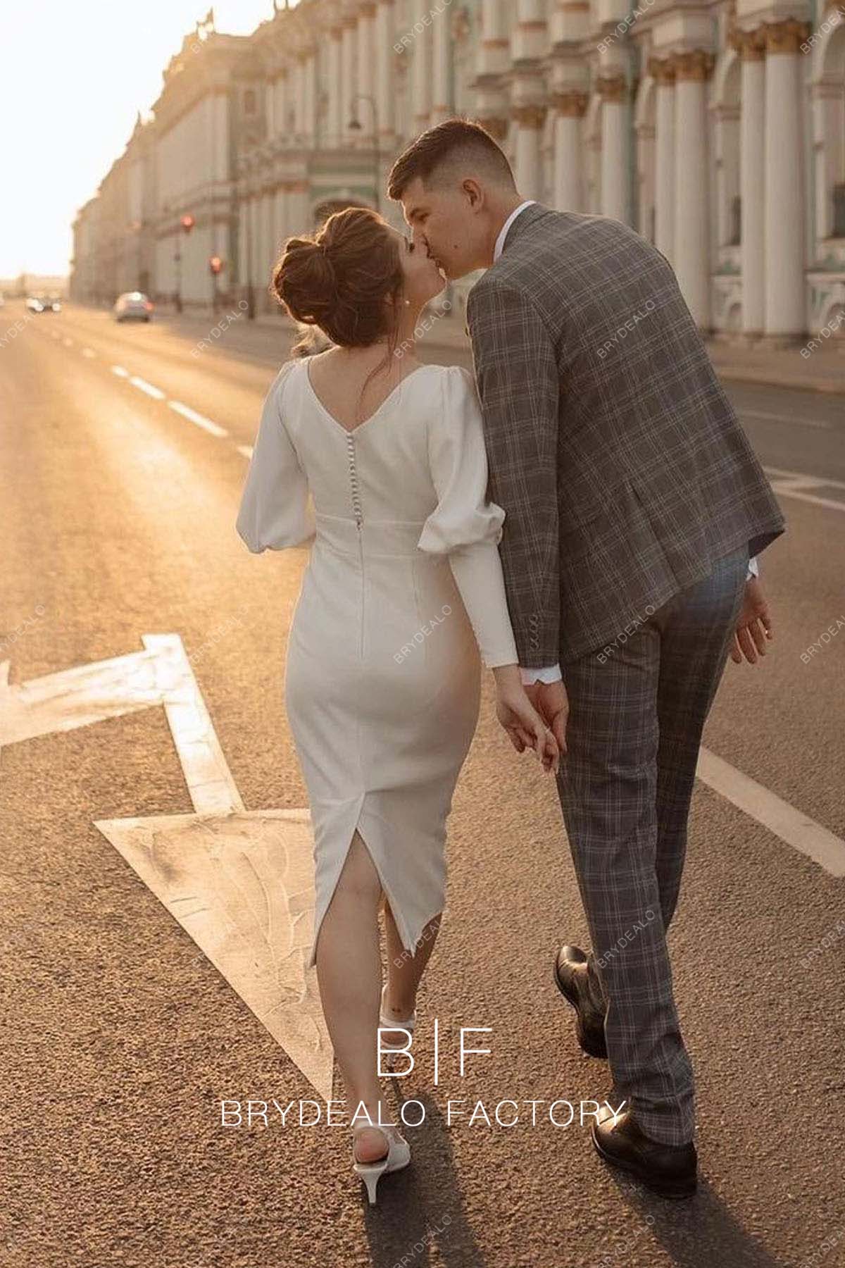 V-back slit tea length sheath casual bridal gown