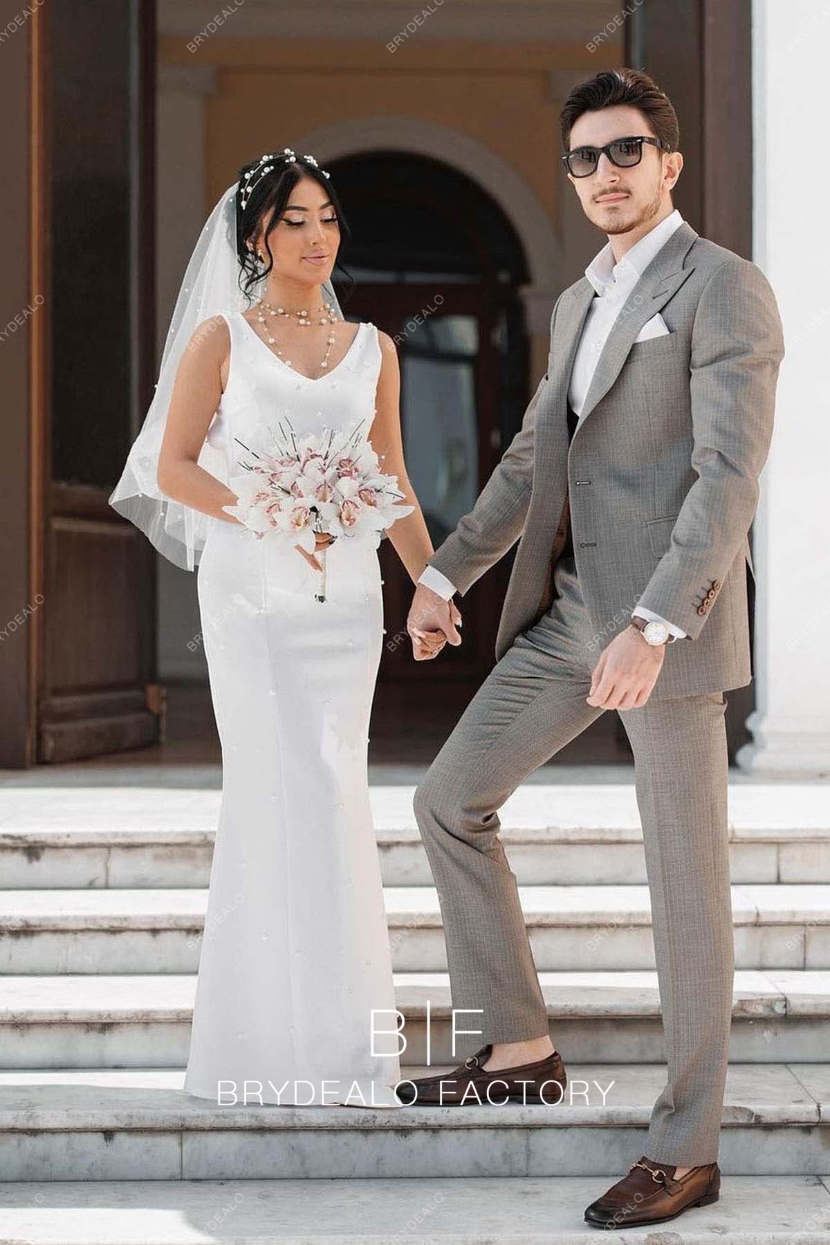 V-neck Sleeveless Pearls Mermaid Elopement Wedding Dress