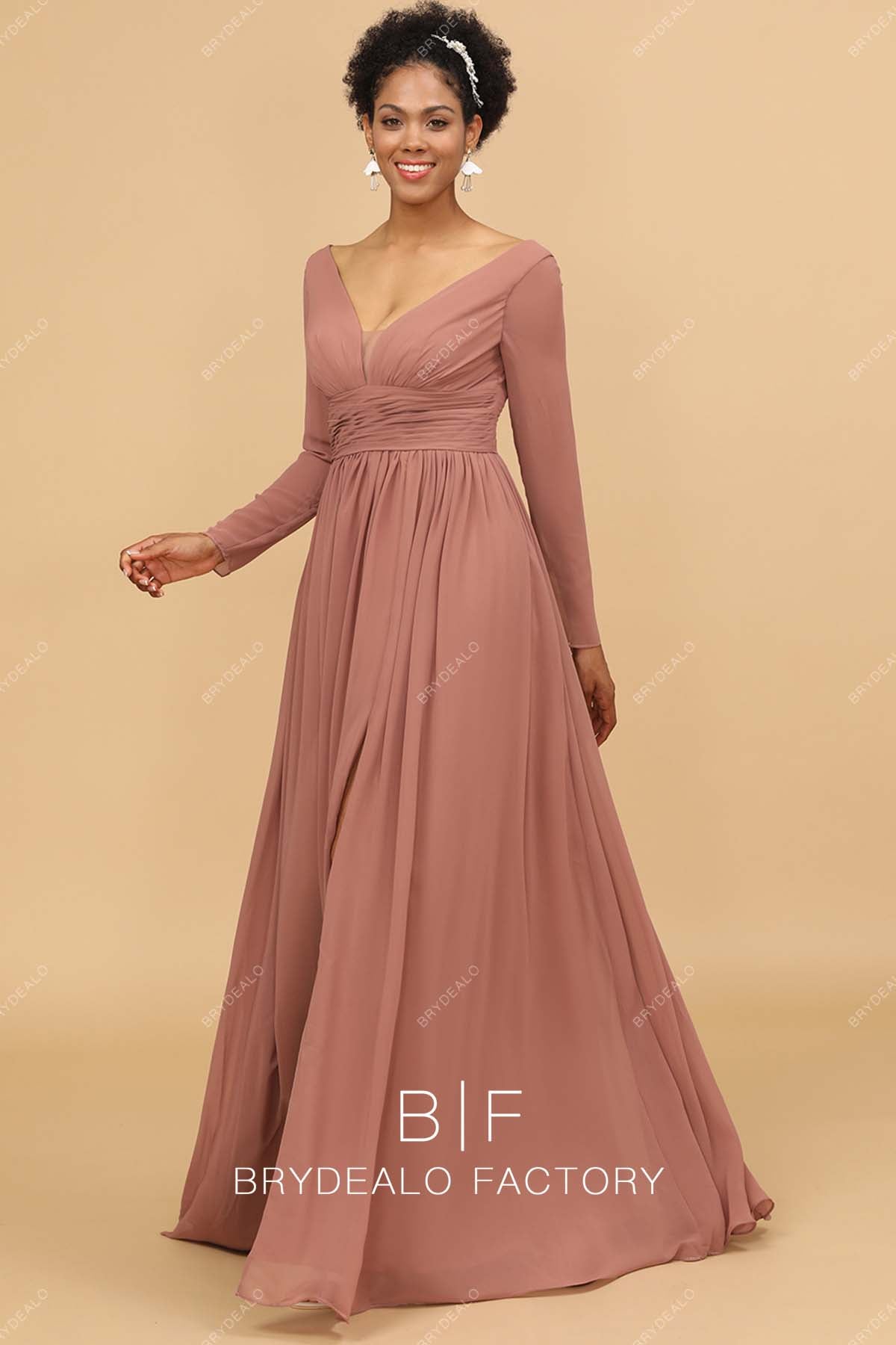 V-neck empire floor length bridesmaid dress