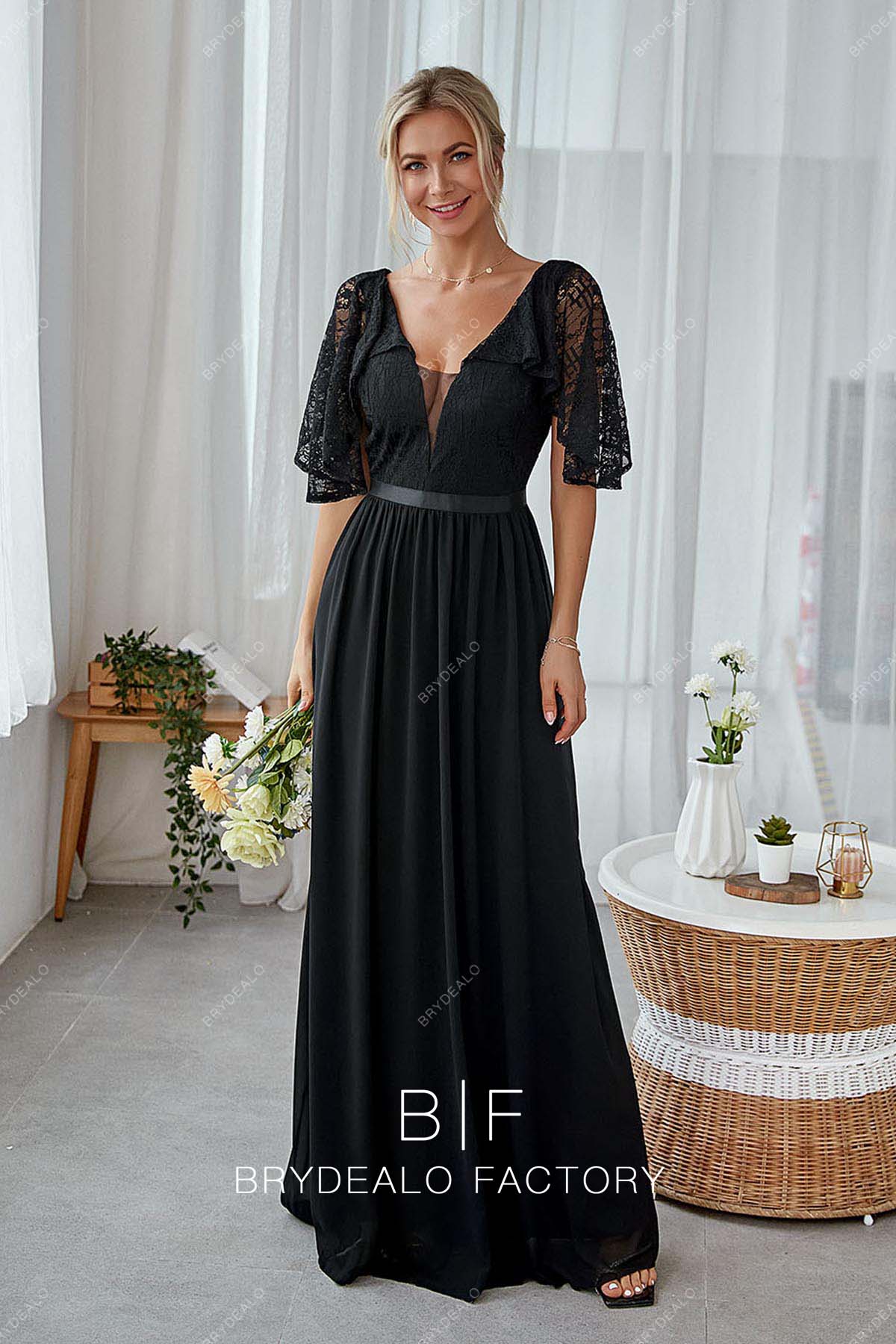 Black Lace Chiffon A-Line Long Elegant Evening Bridesmaid Dress