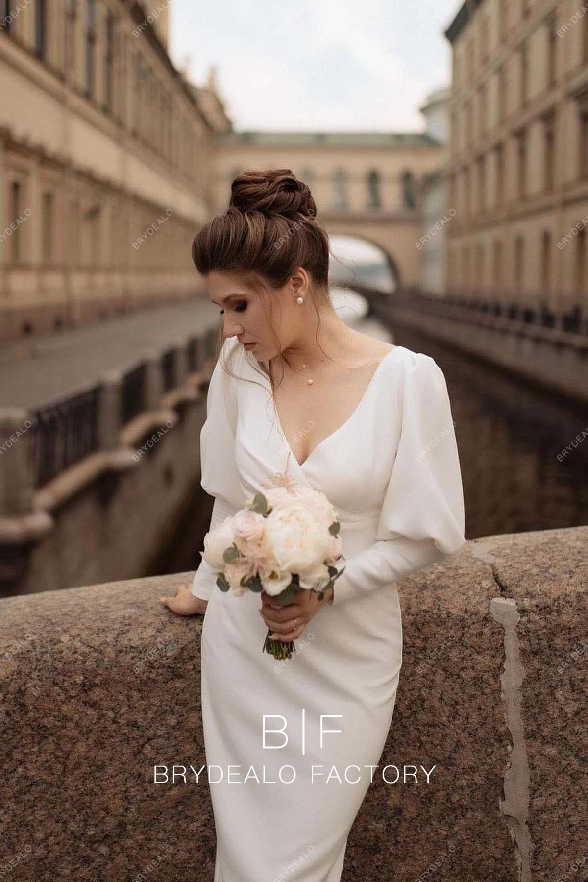 Vintage V-neck Crepe Casual Sheath Wedding Dress