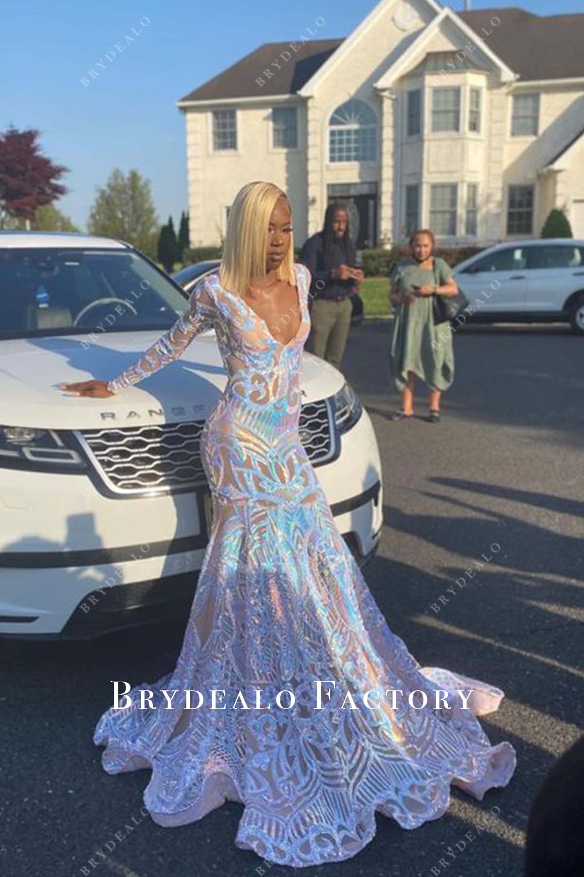 Plunging Neck Iridescent Sequin Long Train Mermaid Prom Dress