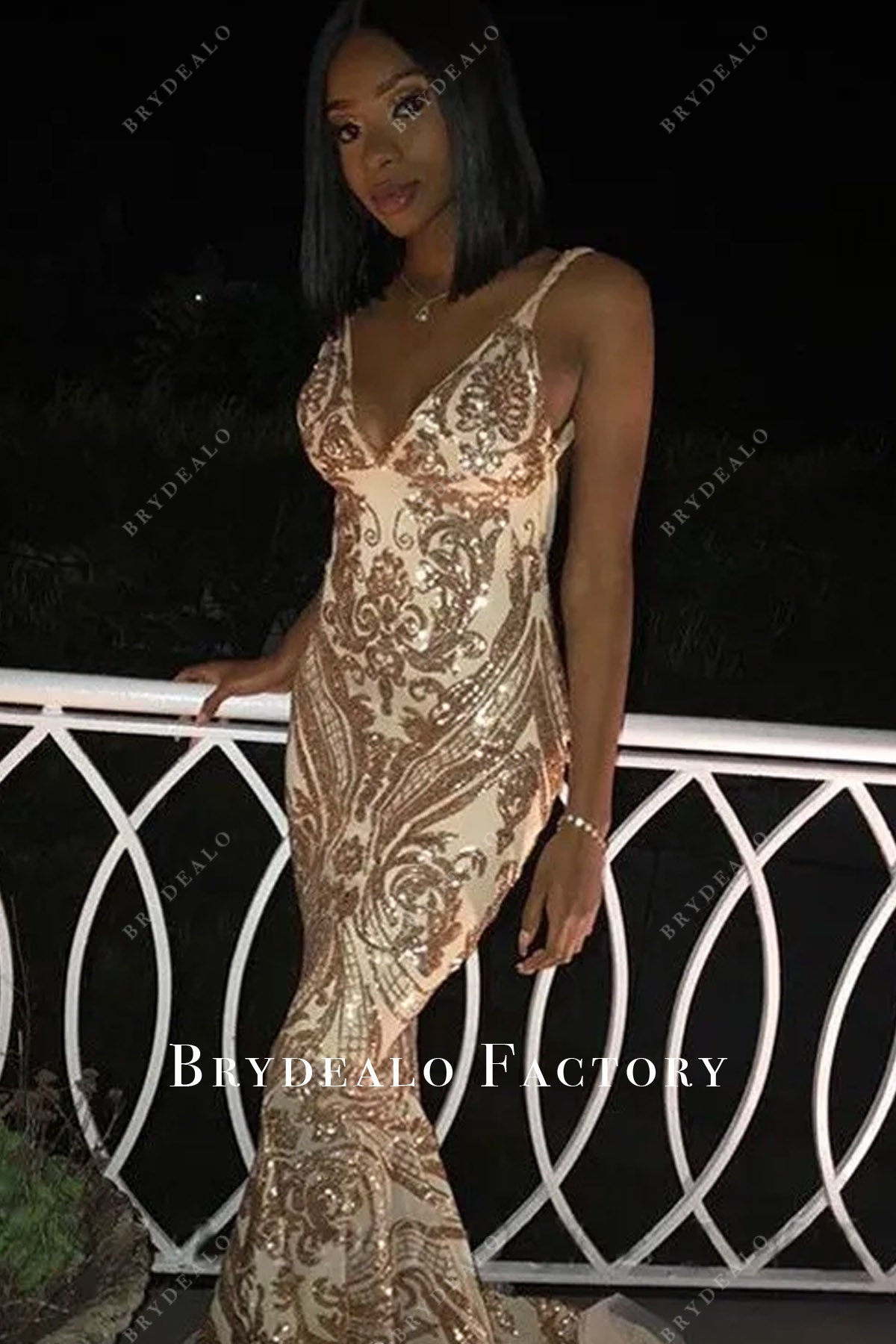 Gold Sequin Spaghetti Strap V-neck Prom Dress