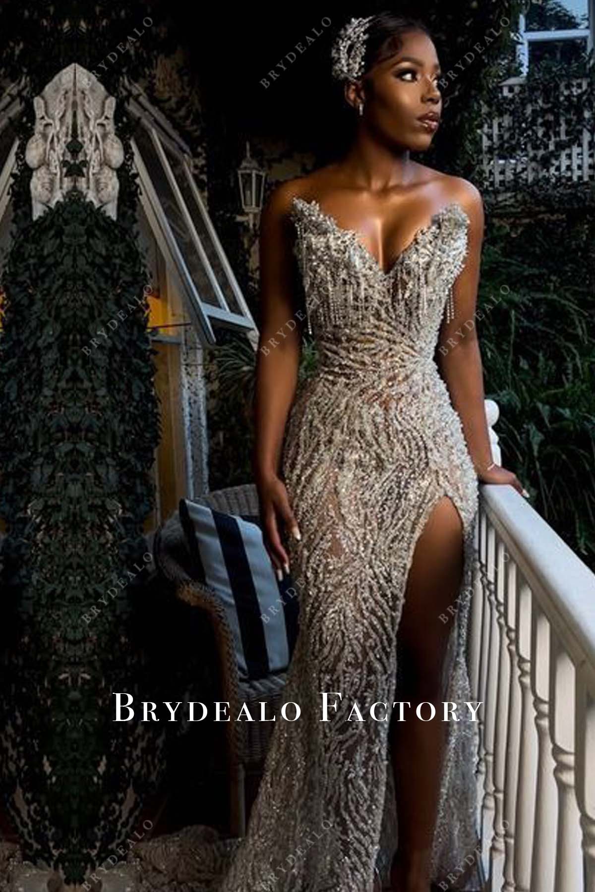 Strapless Silver Fringe V-neck See-through Slit Long Prom Formal Dress, As Picture / With Full Nude Lining Strapless Silver Fringe V-neck See-through Slit Long Prom Formal Dress, As Picture / With Full Nude Lining