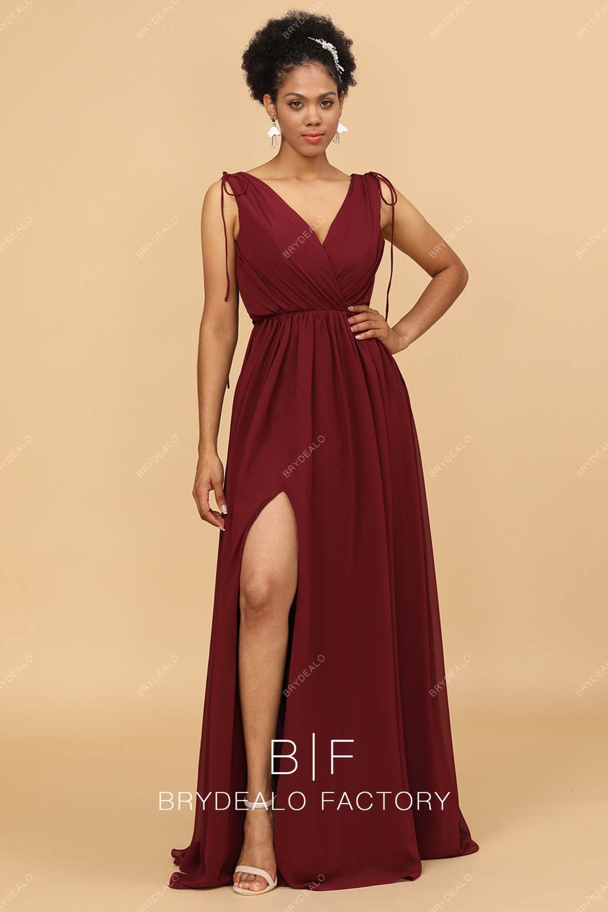 Burgundy Chiffon Sleeveless V-neck Slit Long Best Bridesmaid Prom Dress