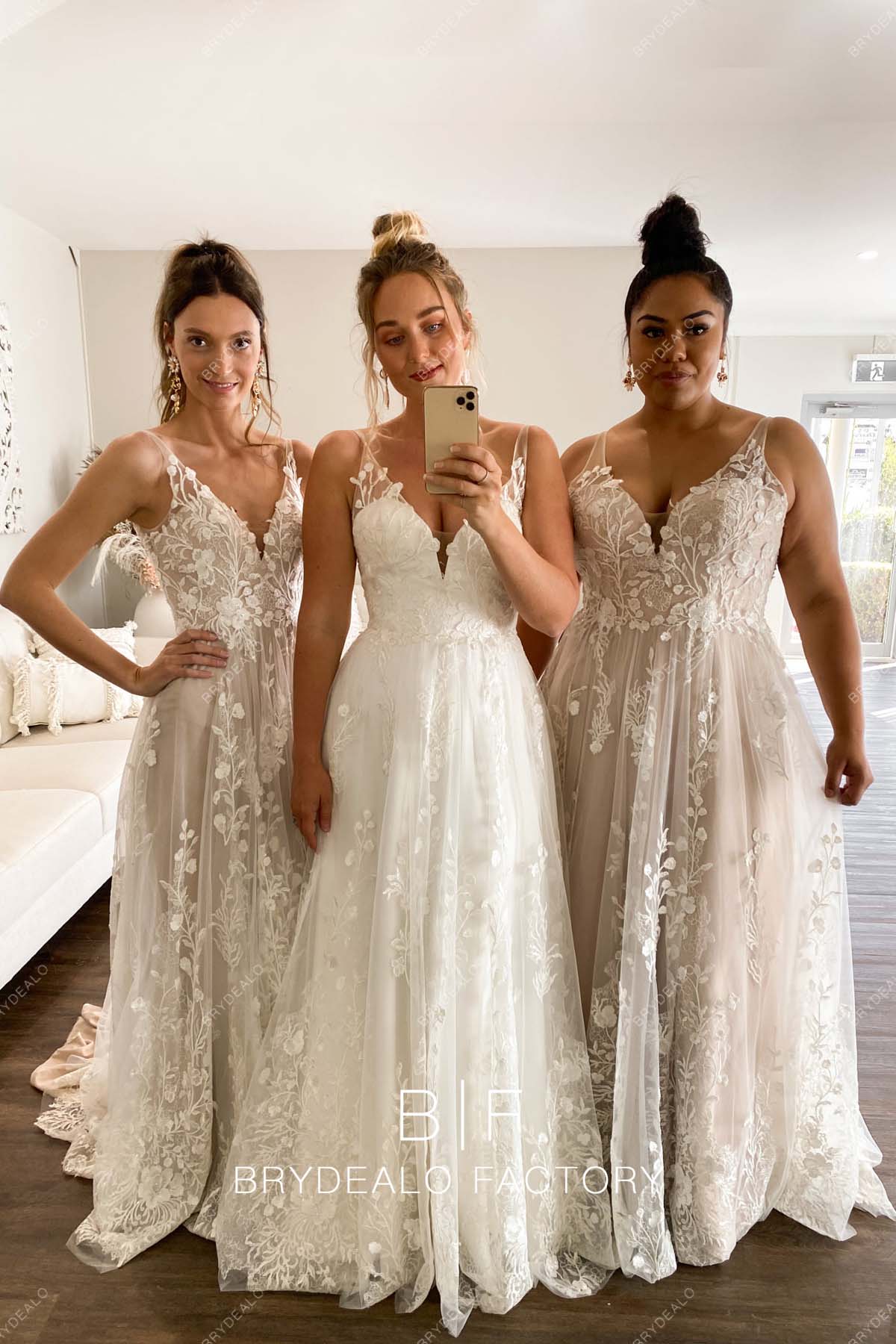 Plunging Neck Sleeveless Custom Lace A-line Bridal Gowns