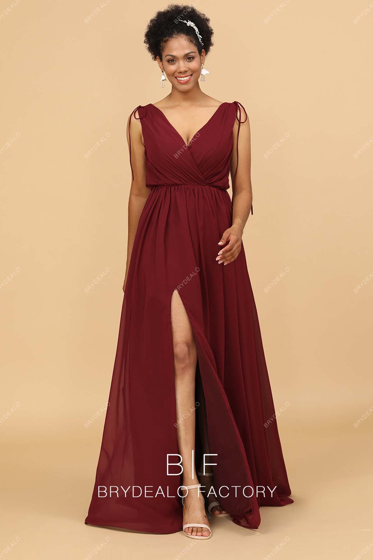 V-neck slit A-line chiffon bridesmaid dress