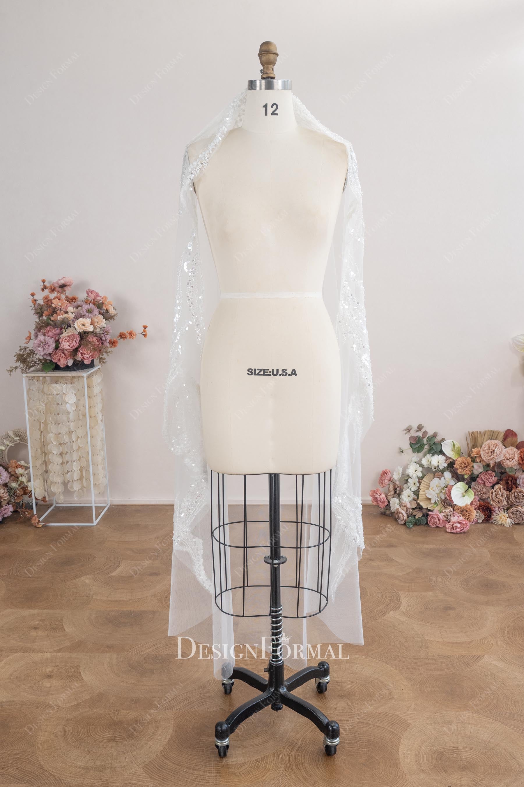 waltz length delicate beaded lace veil